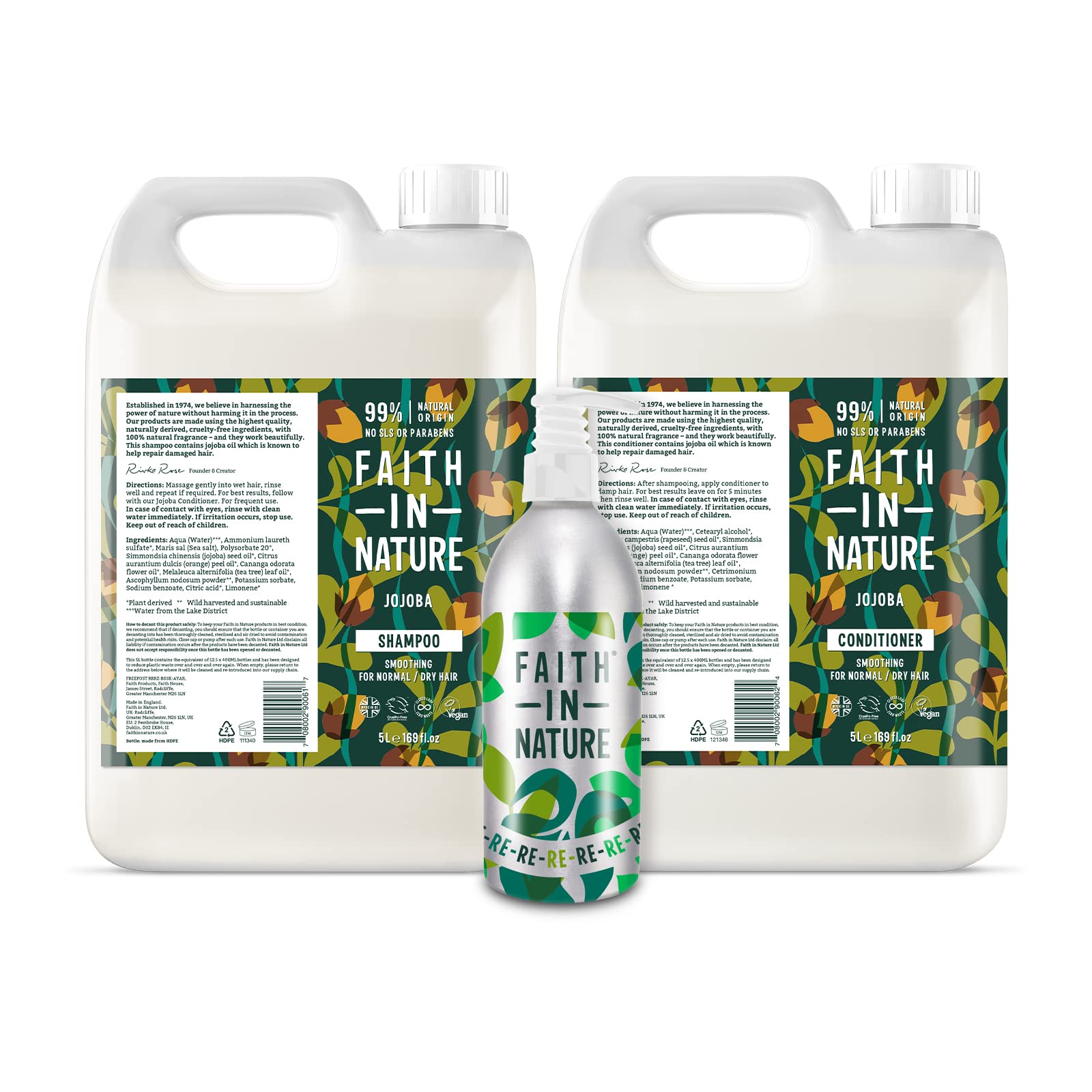 Faith In Nature Jojoba Shampoo & Conditioner Set - 5L Shampoo, 5L Conditioner with 450ml Aluminum Refill Bottle - Natural Hair Care for Dry & Damaged Hair - Salon Quality Vegan Hair Products for Home & Professional Use