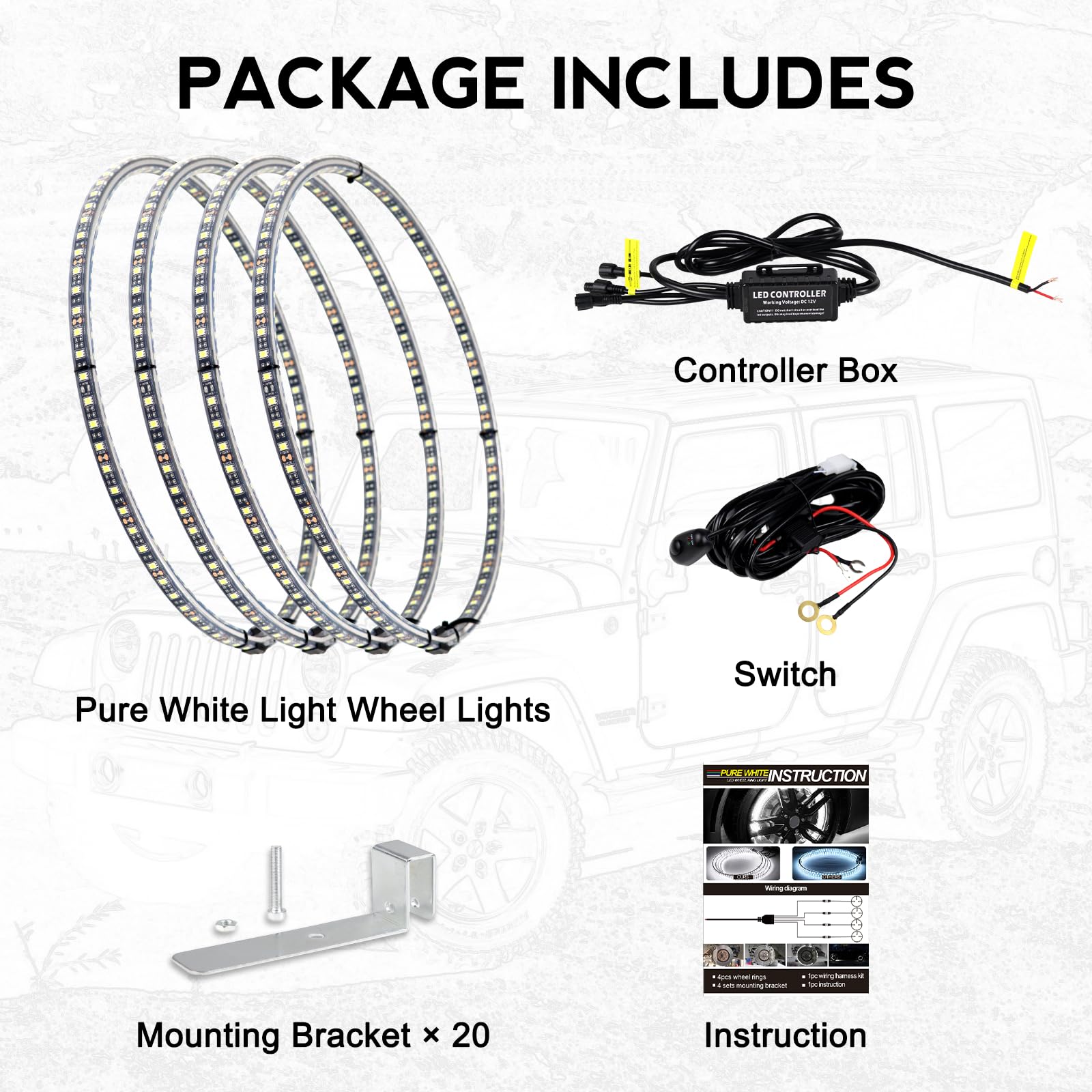 15.5 Inch Cool White LED Wheel Lights for Cars - 6500K Pure White, IP68 Waterproof, Rocker Switch Control, Double Row LED Beads (4 Pcs) - Perfect for Night Driving, Car Shows & Customization