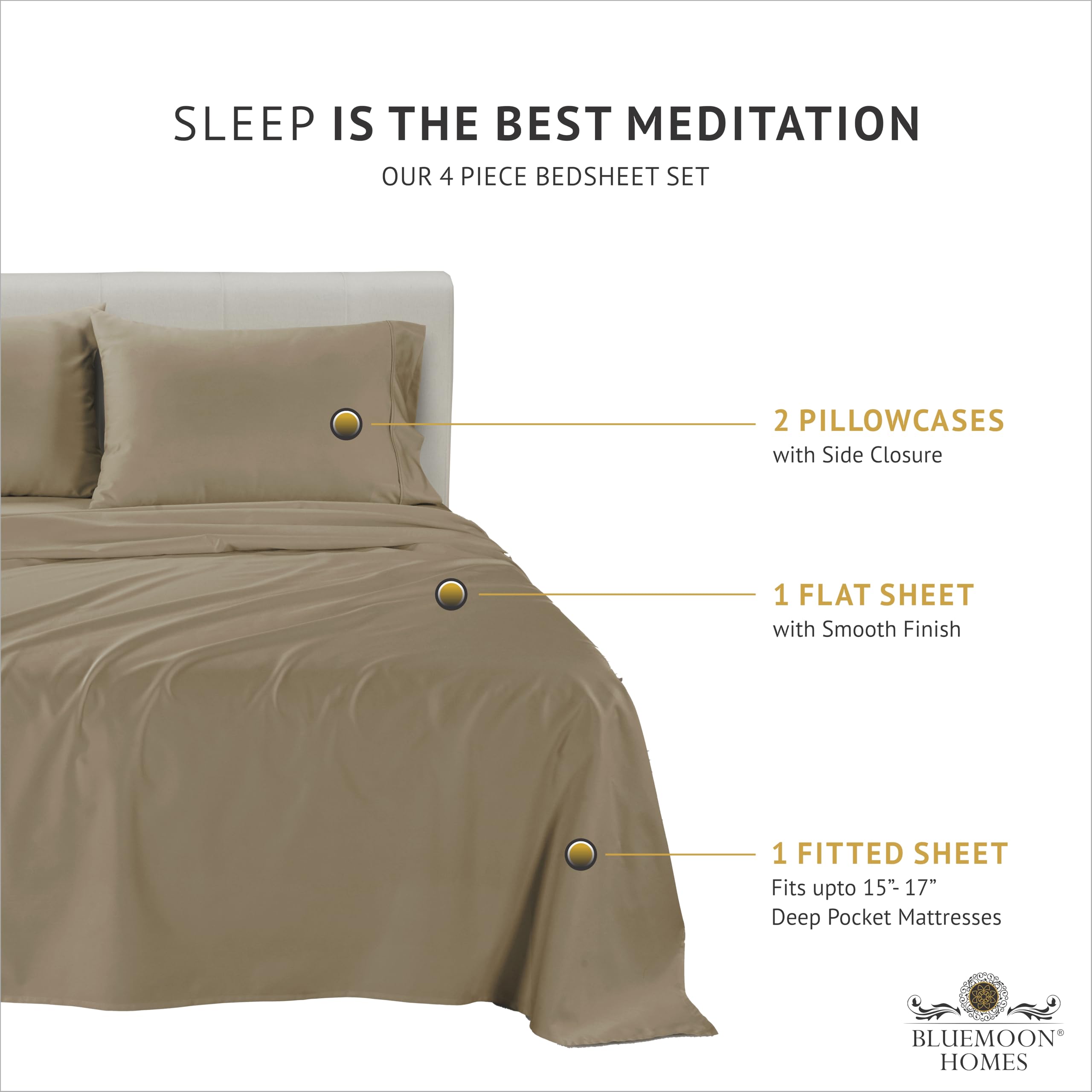 Bluemoon Homes 100% Egyptian Cotton King Size Sheets Set - 4 Piece Deep Pocket 1000 Thread Count Luxury Bedding for 18