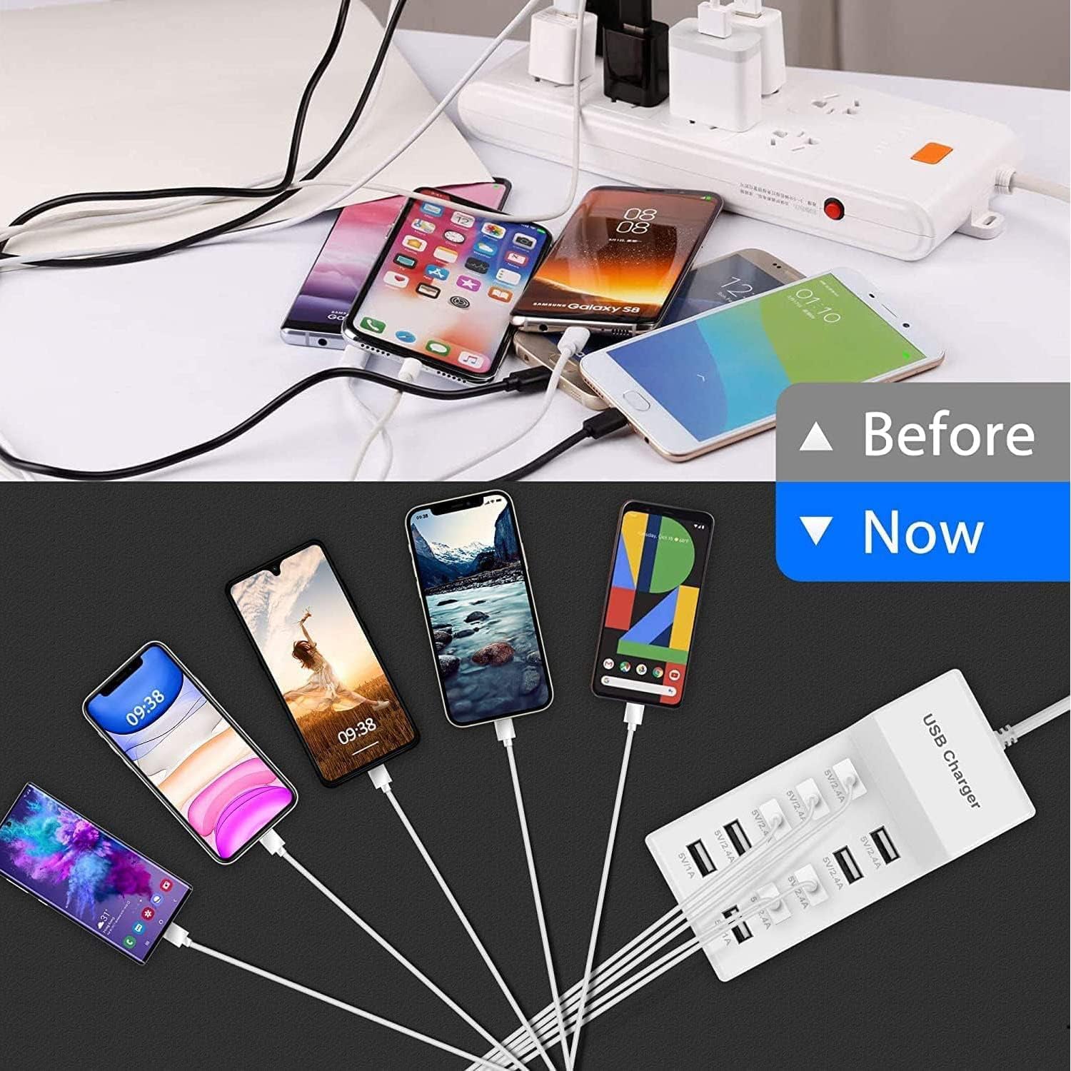 10-Port USB Charging Station 40W Desktop USB Hub - Fast Multi-Port Charger for iPhone, Samsung, Google Pixel, Huawei, LG, Tablets & More | Perfect for Home, Office, Travel & Family Use