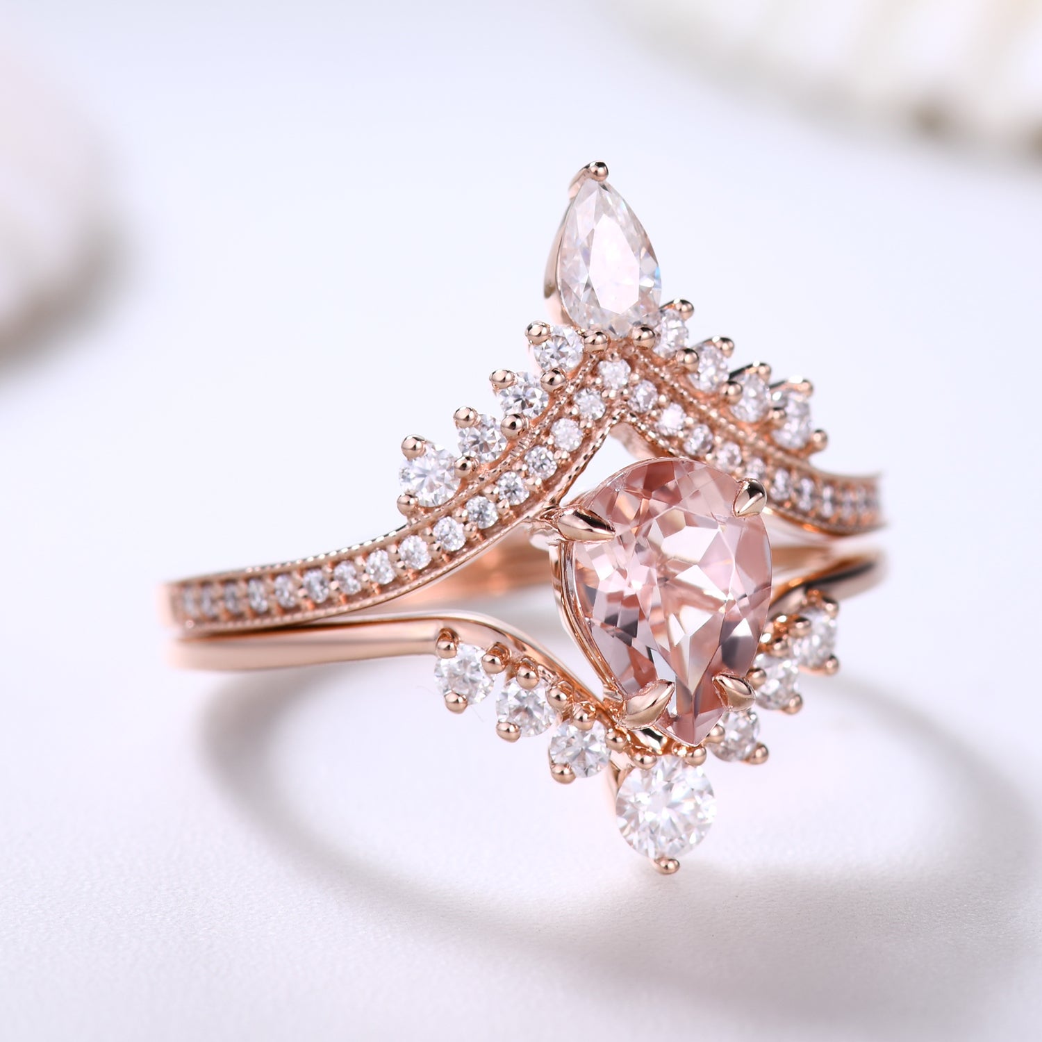 Morganite and Moissanite Teardrop Bridal Ring Set with Curved Chevron Band - Unique Crown Design for Engagement, Wedding, Anniversary Gift - Perfect for Proposals, Bridal Jewelry, and Special Occasions