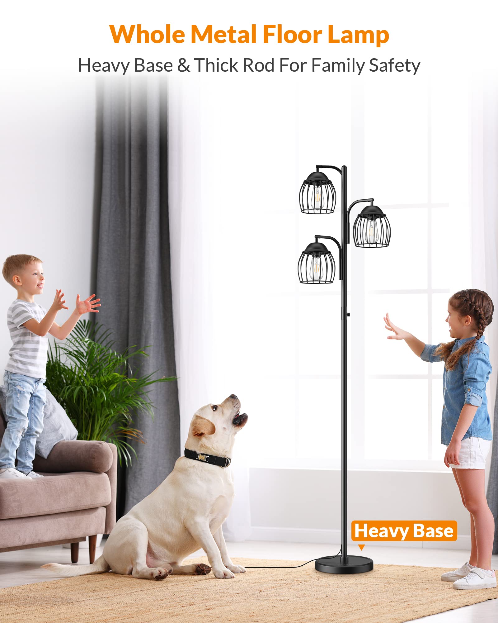 LEPOWER Adjustable Dimmable Floor Lamp with 3 x 1000LM LED Edison Bulbs - Industrial Style Multi-Head Standing Light for Bedroom, Office & Living Room - Perfect for Reading, Working and Ambient Lighting