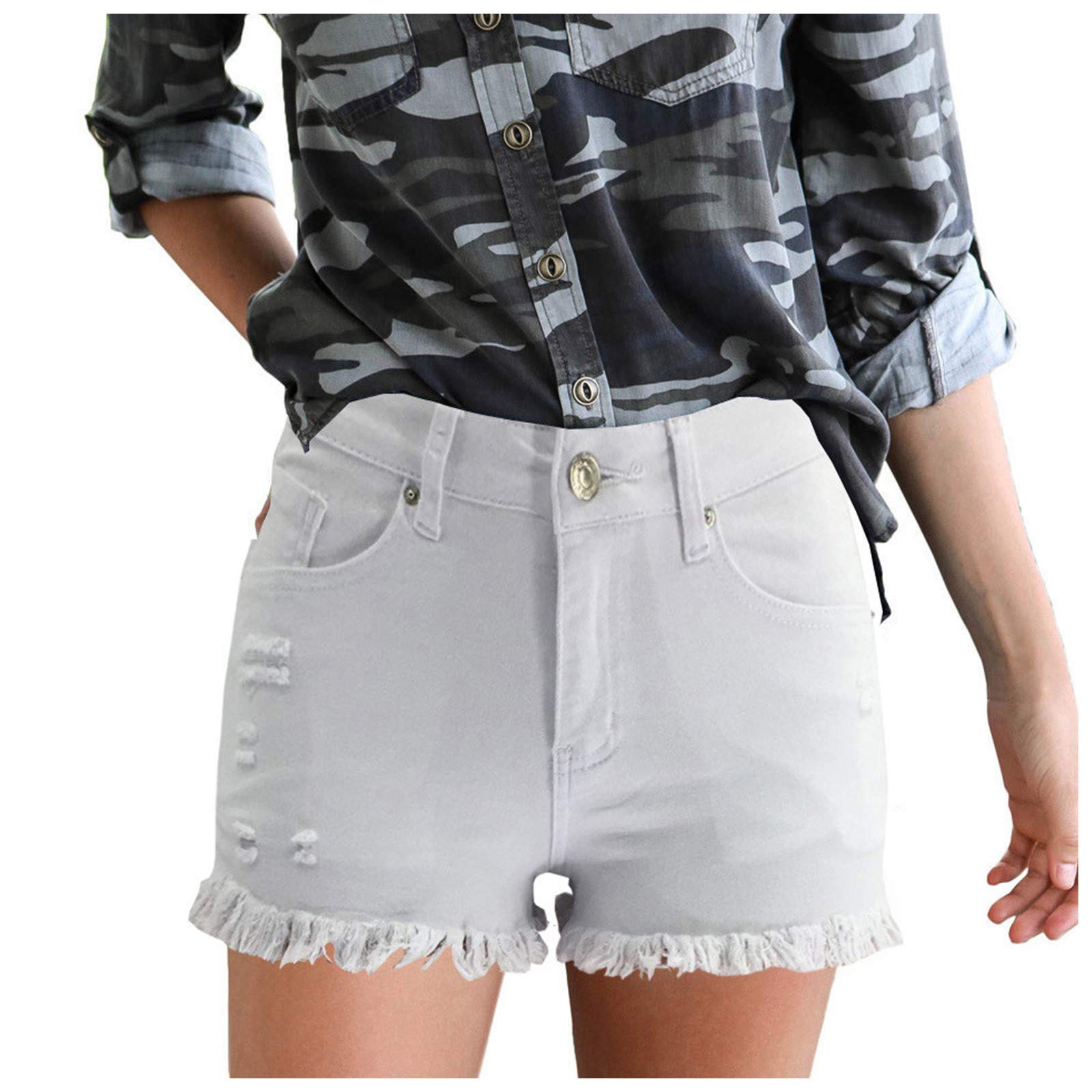 SHENGXINY Women's Stretchy High-Waist Denim Shorts - Ripped & Frayed Design with Pockets | Casual Summer Outfits, Beach Wear & Street Style Fashion