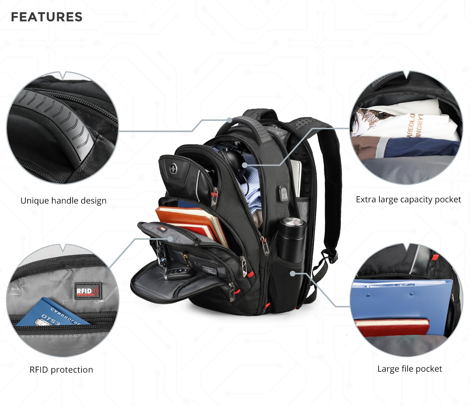 Swissdigital CIRCUIT Men's Laptop Backpack - USB Charging Port & RFID Protection - Fits 15.6 Inch Laptops - College, Business & Travel Backpack - Black (J14-BR) | Perfect for Work Commute, School & Airplane Carry-On