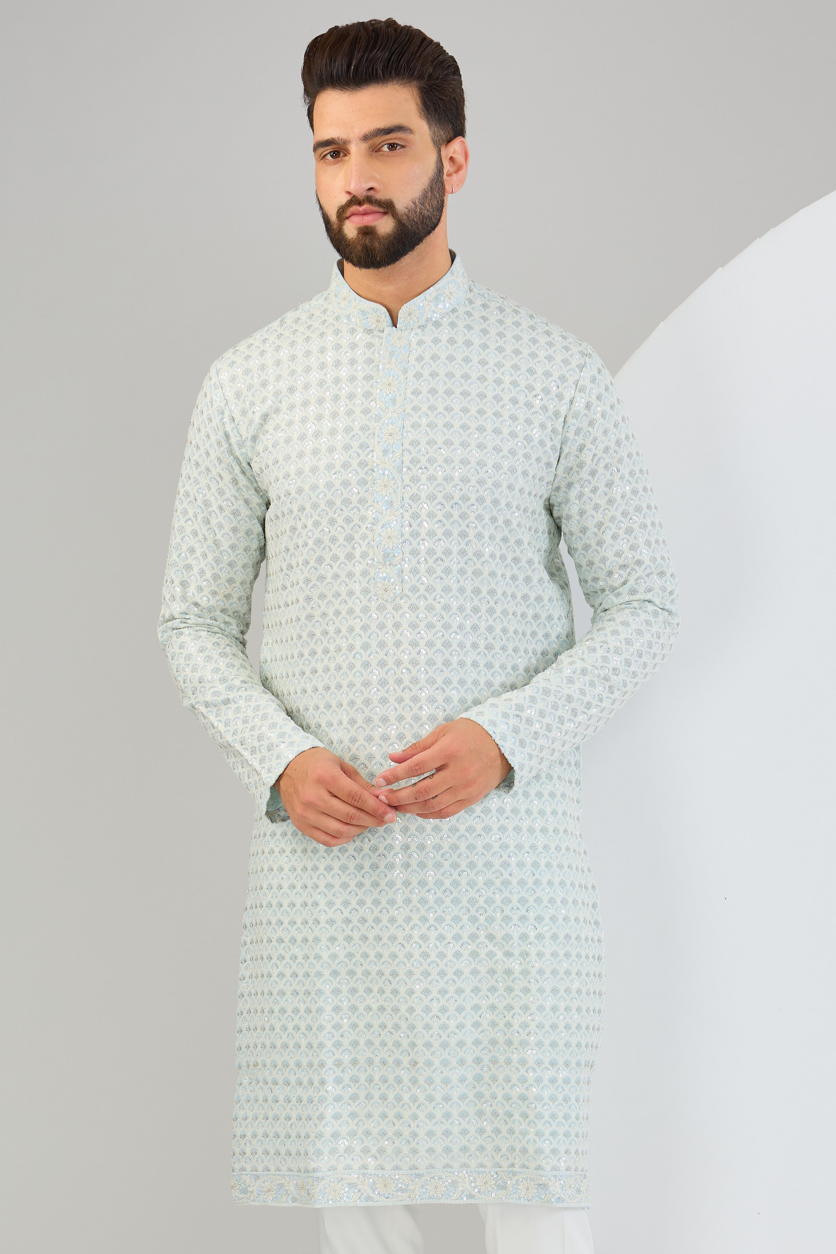 Elegant Powder Blue Chikankari Kurta with Heavy Sequin Embroidery & Intricate Neckline - Perfect for Festivals, Weddings & Ethnic Parties