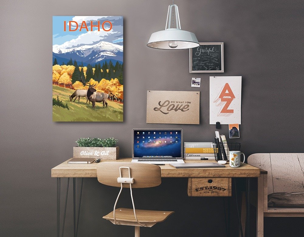Lantern Press Idaho Elk and Mountains Wall Art - 16x24 Wrapped Canvas Print for Home Decor, Office & Cabin - Nature Landscape Painting for Living Room, Bedroom or Gift
