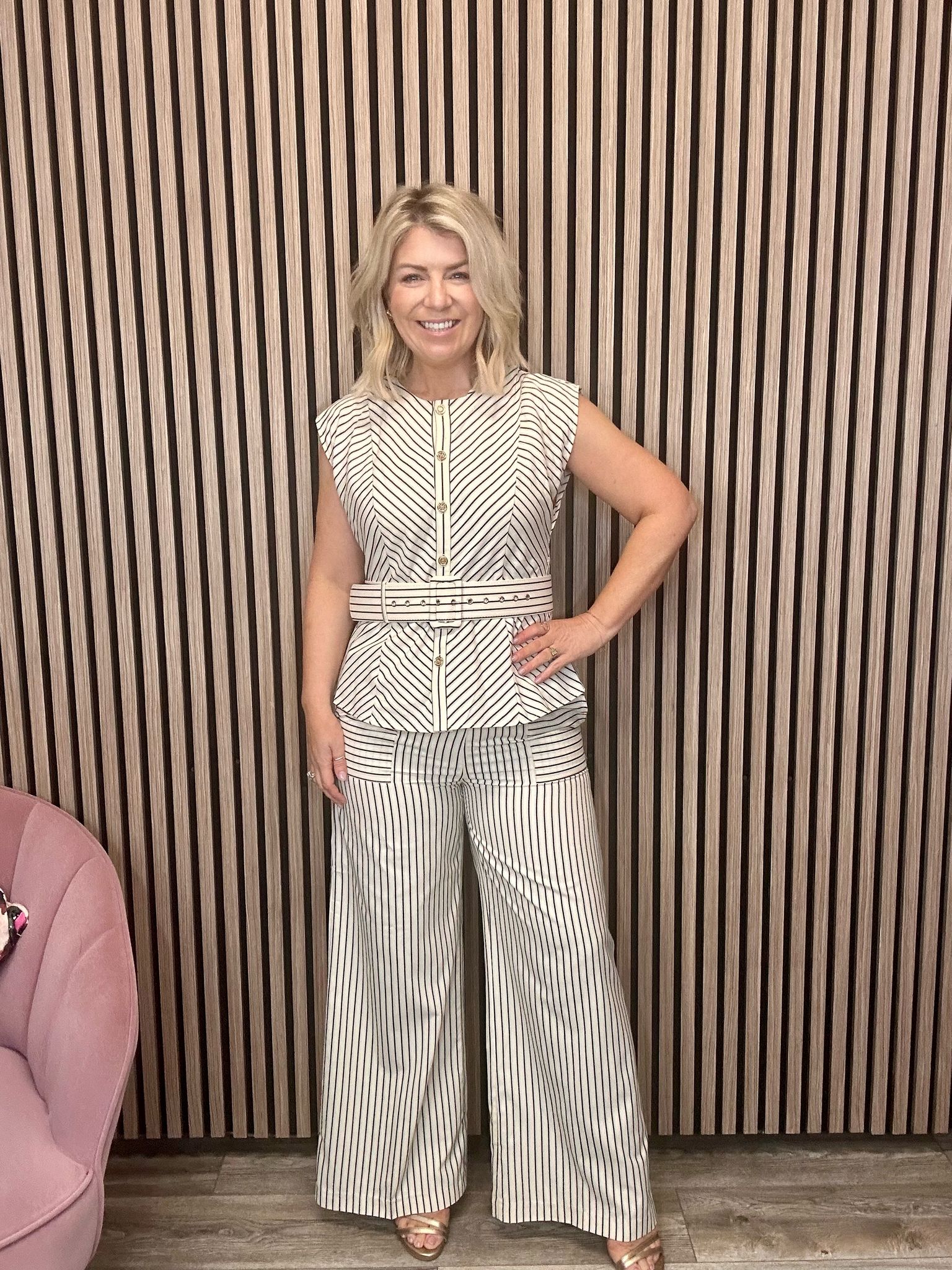 Jambo Belted Top for Women - Beige & Black Striped Tunic Blouse - Casual & Office Wear, Perfect for Work, Outings & Layering