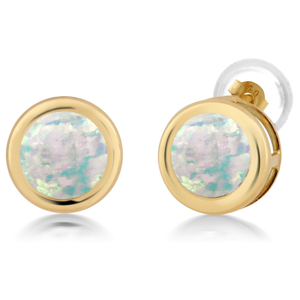 1.30 Ct Round White Simulated Opal 14K Yellow Gold Stud Earrings for Women & Men – Gem Stone King | 6mm Cabochon | Elegant Jewelry for Parties, Weddings & Everyday Wear