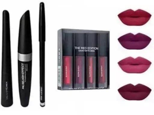 SLUKRL Liquid Matte Minis Lipstick Set - Red Edition (8ml) with 3-in-1 Eyeliner, Mascara & Eyebrow Pencil - Pack of 7 - Long Lasting Waterproof Makeup Kit for Party, Date Night & Special Occasions