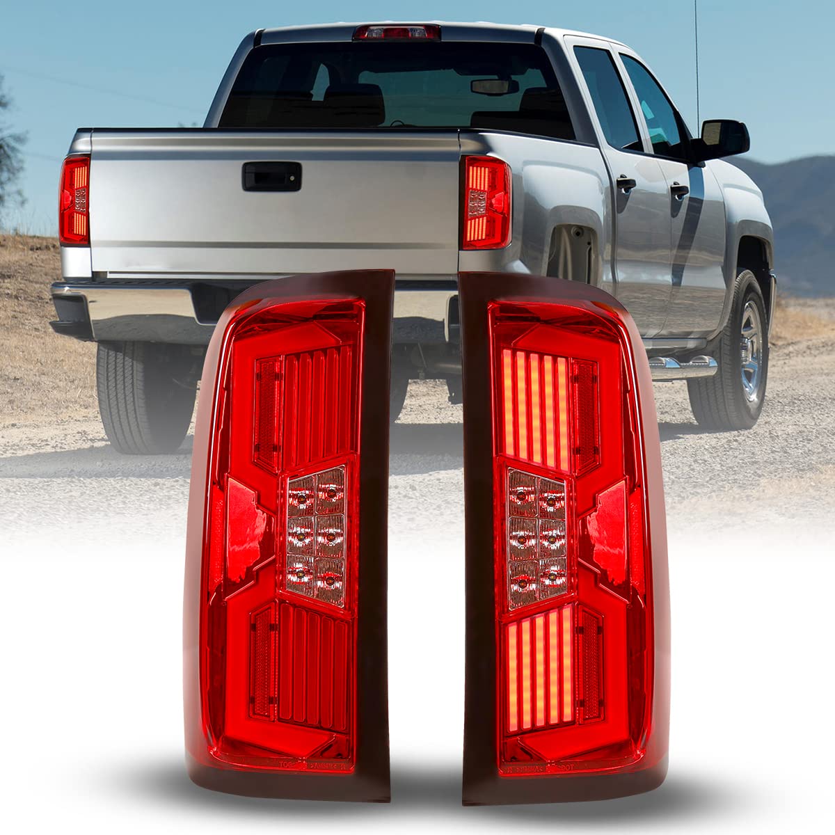 Winjet LED Tail Lights Assembly for 2014-2018 Chevy Silverado 1500/2500HD/3500 - Red DRL LED Taillights with Sequential Turn Signals & Dynamic Brake Running Lights - Upgrade for Enhanced Visibility and Style