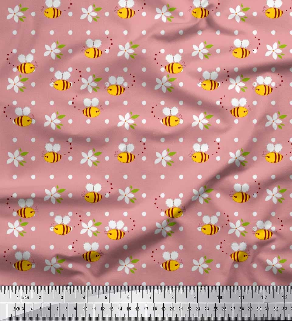 Soimoi Pink Georgette Fabric - Floral Honey Bee Print - for Dresses & Scarves