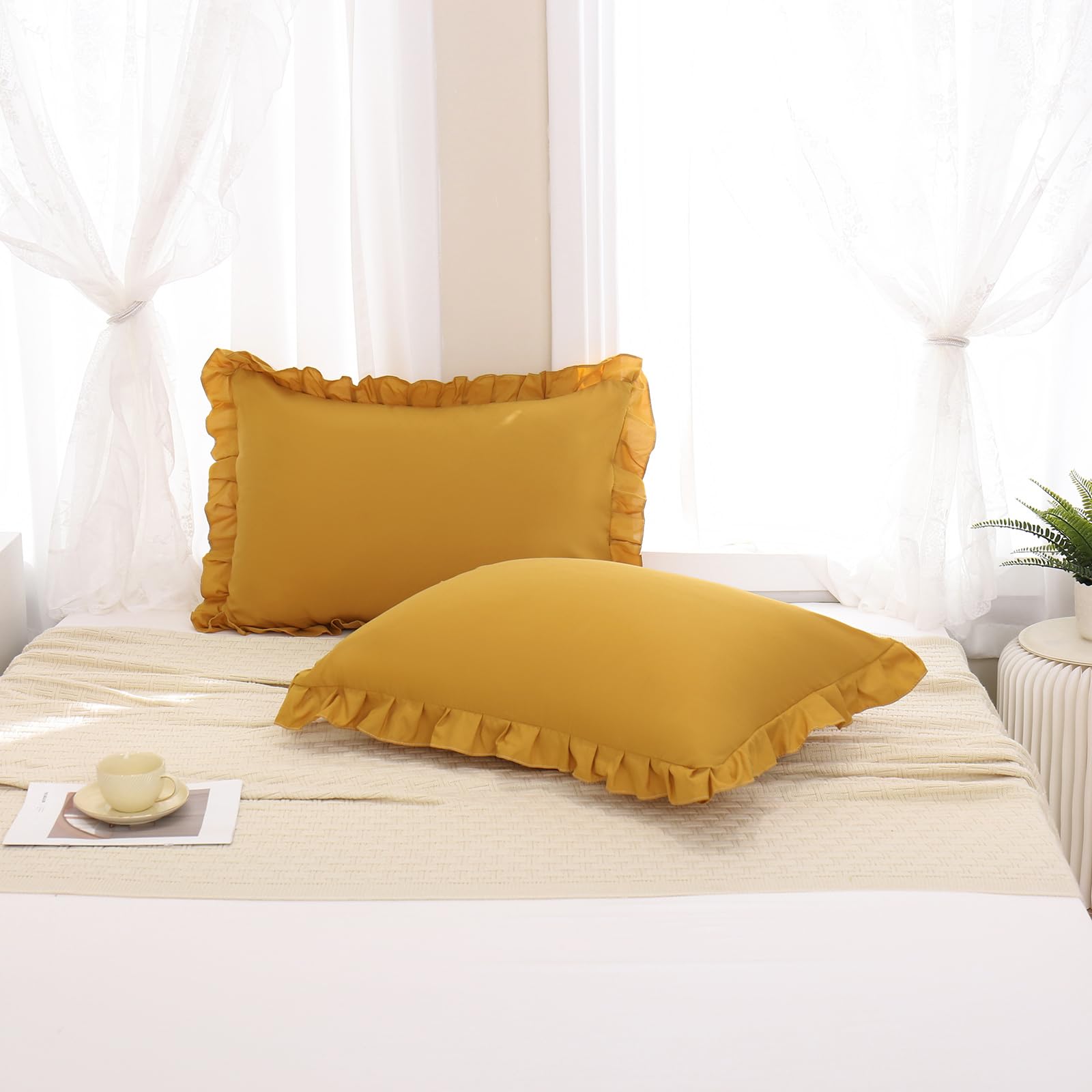 Merryword Mustard Yellow Ruffled Pillowcases Set of 2 - King Size Shabby Chic Pillow Shams with Fringe Design | Perfect for Bedroom Decor, Boho Home Accents & Cozy Farmhouse Style
