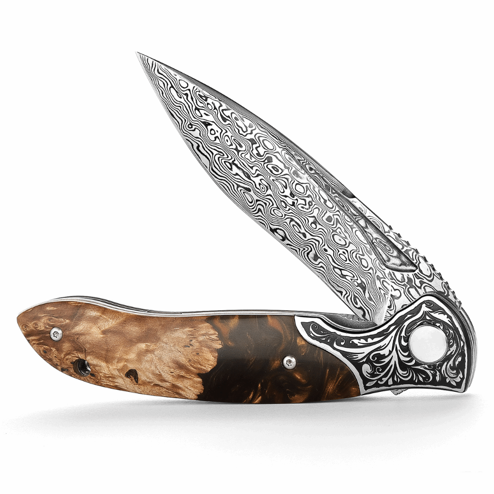 Premium Demeter VG10 Damascus Steel Pocket Knife - Exotic Olive Burl & Resin Handle - Compact EDC Folding Knife for Camping, Hiking & Outdoor Adventures