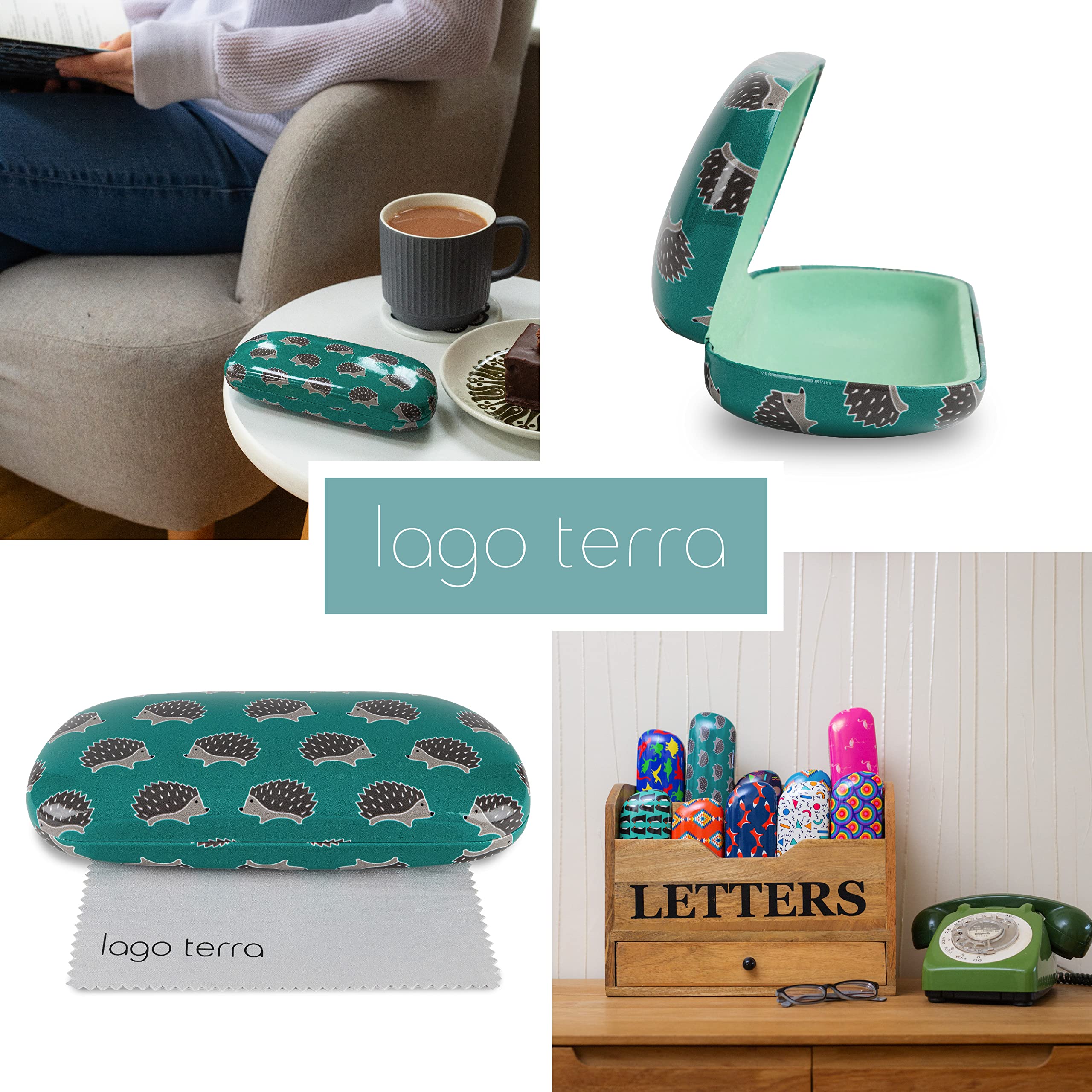 LAGO TERRA Cute Hedgehog Print Hard Shell Eyeglass Case - Durable Protective Eyewear Storage for Travel, Home & Office Use