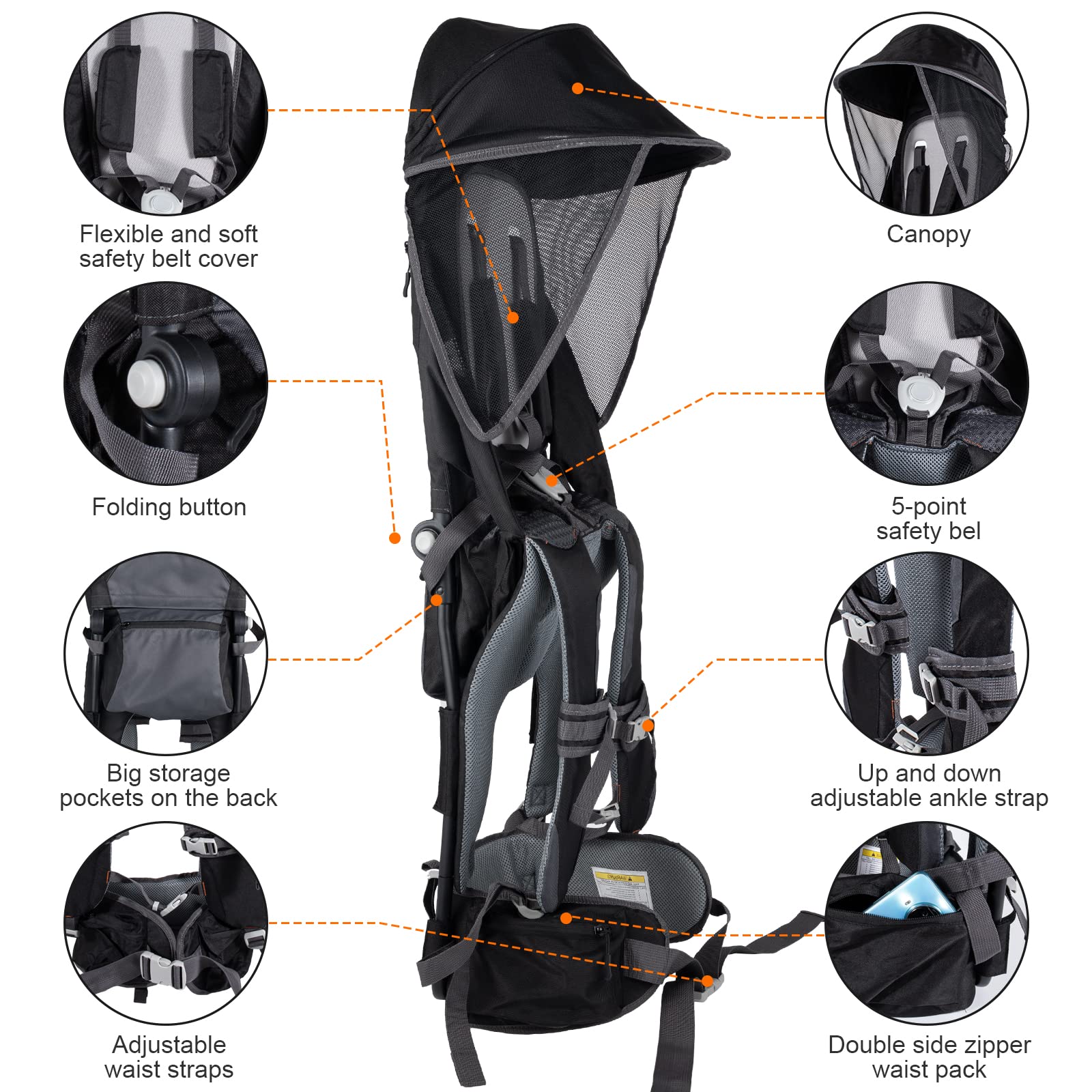 Ergonomic Baby Carrier Backpack for Hiking & Travel - Adjustable Shoulder Strap, Sun Shade & Rain Cover - Supports 6 Months to 3 Years (Up to 40 lbs) - Perfect for Outdoor Adventures, Family Walks and Hands-Free Parenting