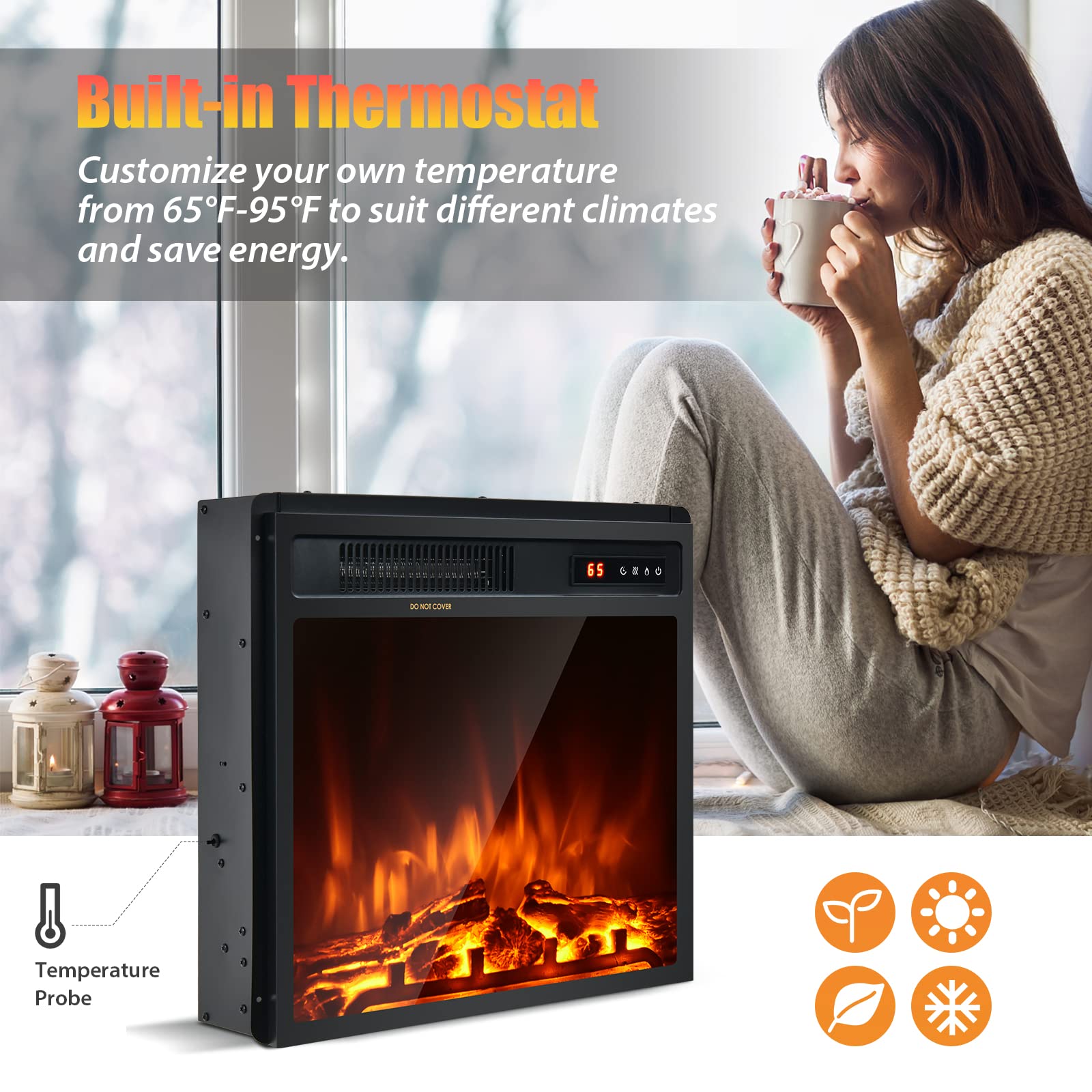 DORTALA 51CM Recessed Electric Fireplace Insert with Remote Control - Adjustable Flame Effect & Temperature, 9H Timer, 1500W - Perfect for Bedroom, Living Room, and Office Heating