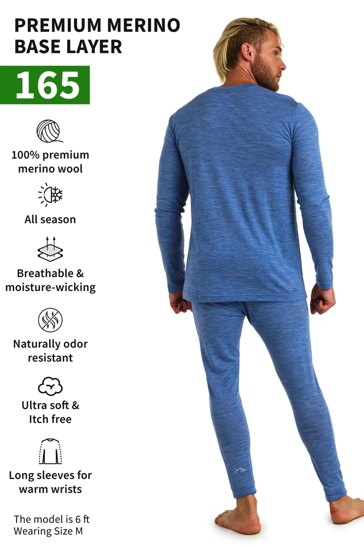 Men's Merino Wool Thermal Underwear Set - 165 GSM Warm Base Layer for Winter - Deep Blue Color - Perfect for Skiing, Hiking & Cold Weather Activities