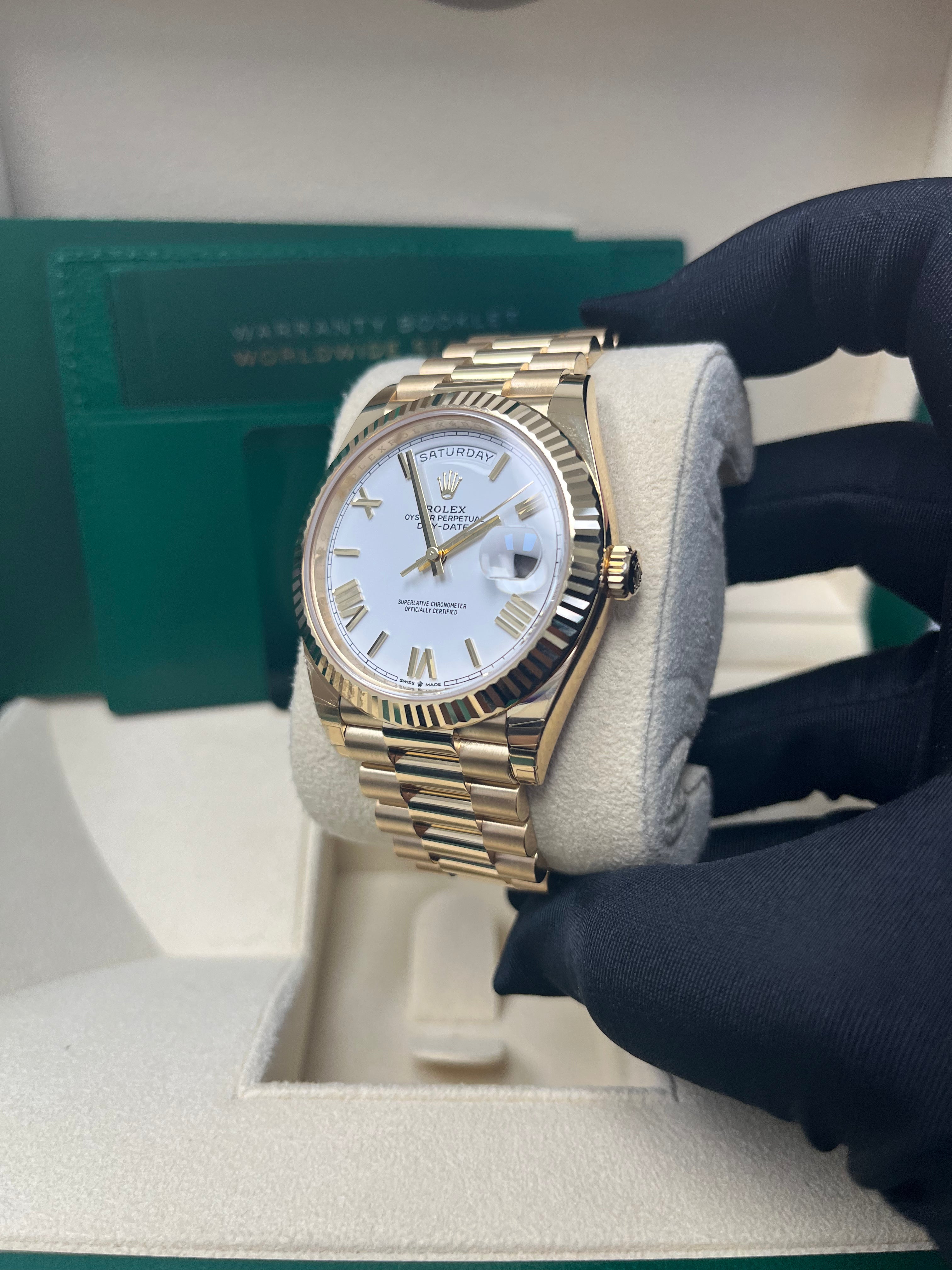 Rolex Day Date 40mm Men's Watch - 18K Yellow Gold, White Roman Dial, Fluted Bezel (Ref# 228238) | Luxury Dress Watch for Business & Formal Occasions