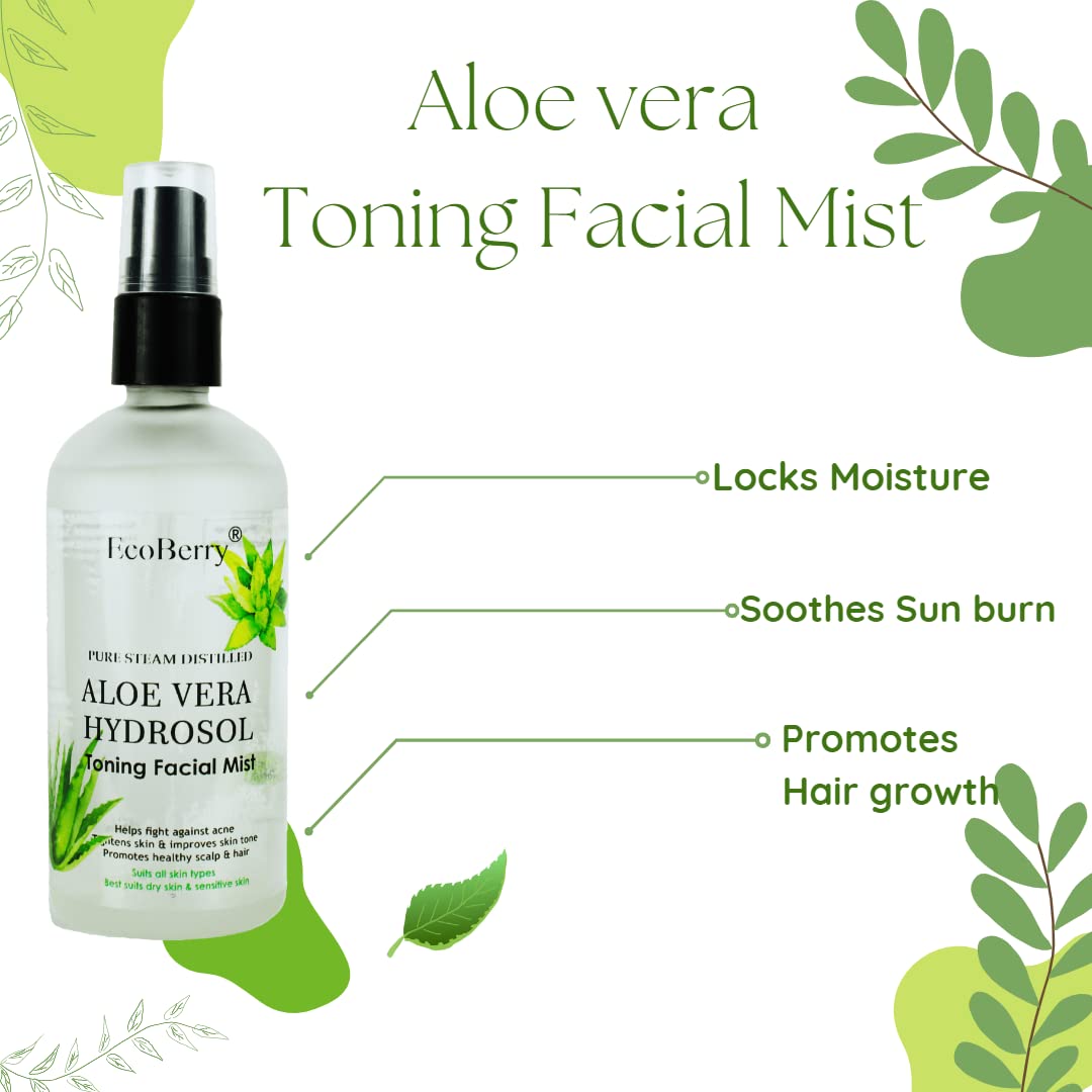 EcoBerry Pure Steam Distilled Aloe Vera Hydrosol Facial Toner Mist - Soothes Sunburn, Anti-Aging Skin Care, Promotes Hair Growth & Reduces Dandruff - 100% Natural, Handmade, Chemical-Free, Paraben-Free, Vegan Formula - Perfect for Daily Skincare, Post-Sun Care & Hair Treatment