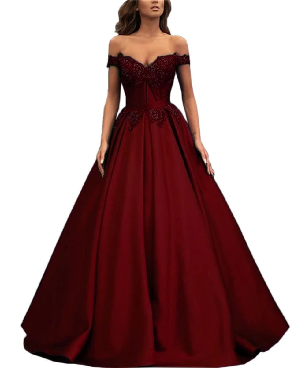 Elegant Off Shoulder Prom Dress Long Satin Appliques Formal Evening Gown for Women - Perfect for Homecoming, Quinceañera, Wedding Party & Special Occasions