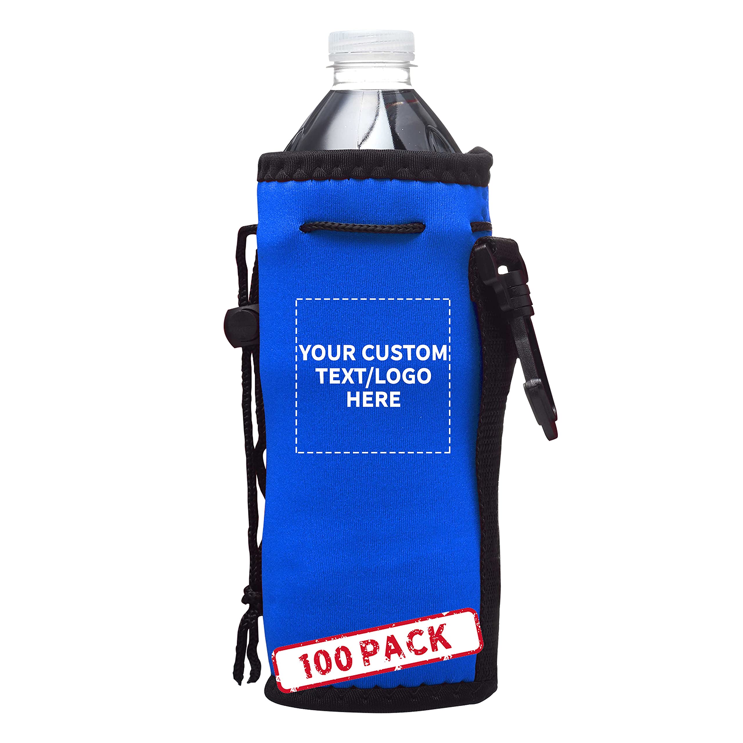 100 Pack Custom Neoprene Water Bottle Insulators with Drawstring - Personalized Text & Logo - 12 oz Longneck Bottle Sleeves with Hook - Royal Blue - Perfect for Parties, Events & Corporate Gifts