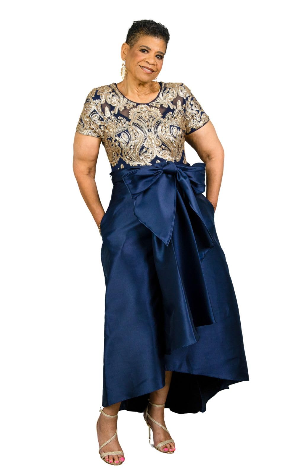 R&M Richards Women's Short Sleeve Sequin Embellished High-Low Gown - Size Missy & Petite - Perfect for Evening Parties, Prom, and Special Occasions