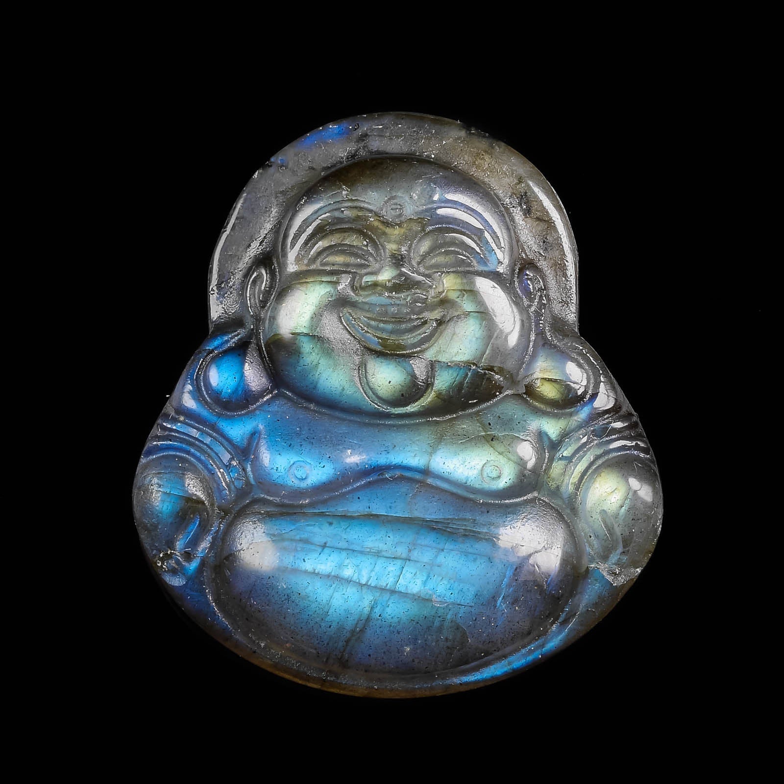 Natural Labradorite Crystal Cabochon Happy Buddha Carving - Handcrafted Gemstone for Jewelry Making, Home Decor, Meditation & Gifts (E1613) | Perfect for Spiritual Healing, Feng Shui & Unique DIY Projects