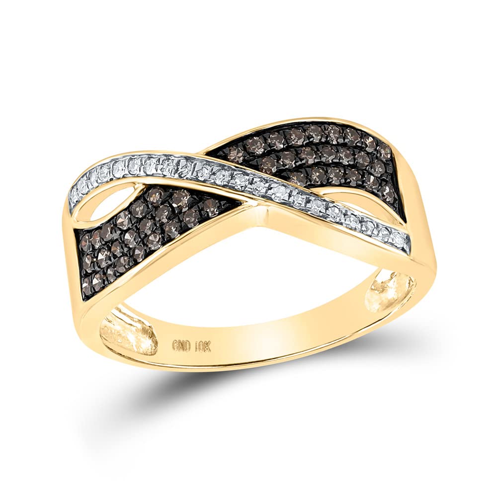10Kt Yellow Gold Women's Round Brown Diamond Crossover Band Ring - 1/3 CTTW - Elegant Wedding, Anniversary, or Everyday Jewelry Gift for Her