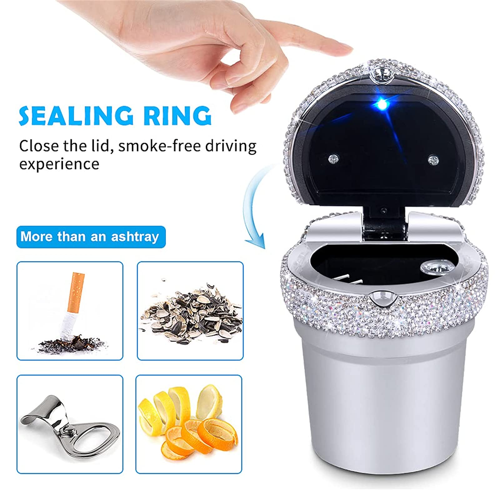 Portable Car Ashtray with Blue LED Light - Smokeless Cigarette Holder for Cup Console - Car Accessories for Women & Men - Ideal for Vehicle, Home & Office Use - Perfect for Road Trips & Indoor Smoking Areas (1-Pack, Silver)