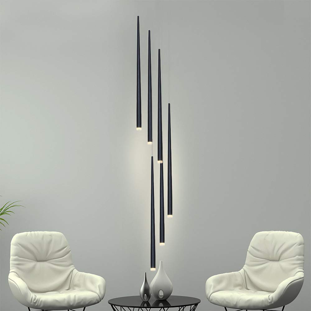 6-Light LED Pendant Lighting Fixture - Modern Adjustable Long Tube Hanging Lamp with Warm White 3000K (18W) - Black for Living Room, Dining Room, Stairwell - Perfect for Kitchen Island, Bar Counter, and Entryway Lighting
