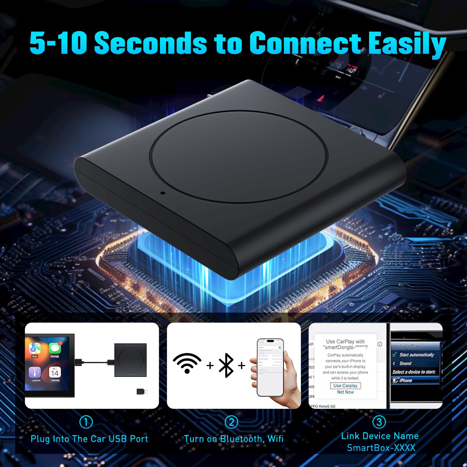 2025 Upgraded Wireless CarPlay Adapter for iPhone - Bluetooth 5.0 Fast Connection, No Lag Multi-User Support, Plug & Play - Convert Wired to Wireless CarPlay for iOS 10+ (Perfect for Commuting, Road Trips & Hands-Free Driving)