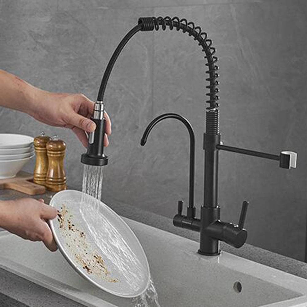 3-in-1 Pull Down Kitchen Faucet with Sprayer - Brass Black Finish, Hot & Cold Water Mixer with Pure Water Filtration System - Perfect for Modern Kitchens, Cooking, Washing Dishes and Food Prep