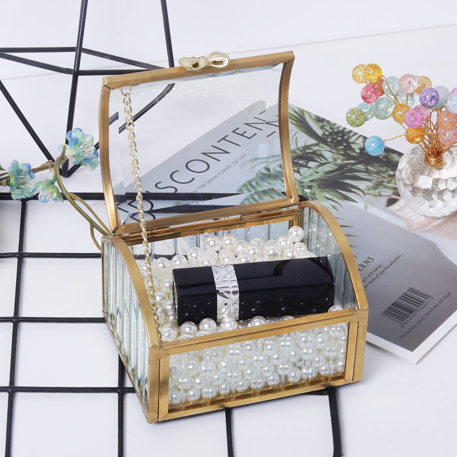 LONGSHENG Elegant Gold Jewelry Trinket Box - Glass Decorative Storage Box for Bracelets, Necklaces, Rings & Watches - Perfect for Vanity, Dresser & Gift Giving (Small Size) - Since 2001