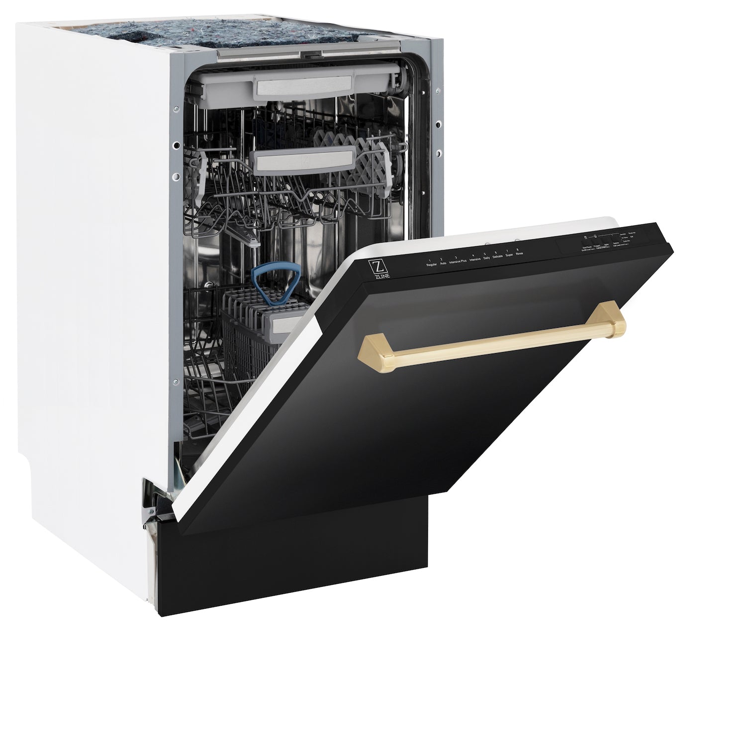 ZLINE Autograph Edition 18-Inch Compact Dishwasher with 3rd Rack - Black Stainless Steel with Polished Gold Handle, 51dBa (DWVZ BS 18 G) | Perfect for Small Kitchens, Apartments & RVs | Energy Efficient & Quiet Operation