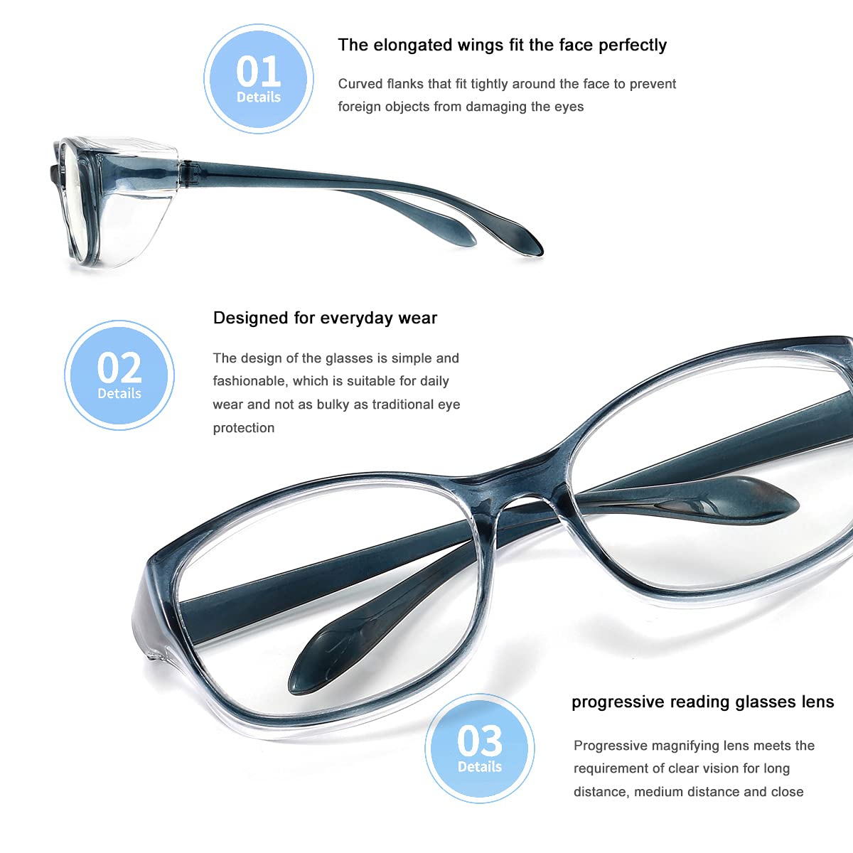 Dollger Safety Reading Glasses with 1.0/1.5/2.0 Magnification - Anti-Fog, Blue Light Blocking, Progressive Multifocal Lenses for Computer Work, DIY Projects & Home Repair