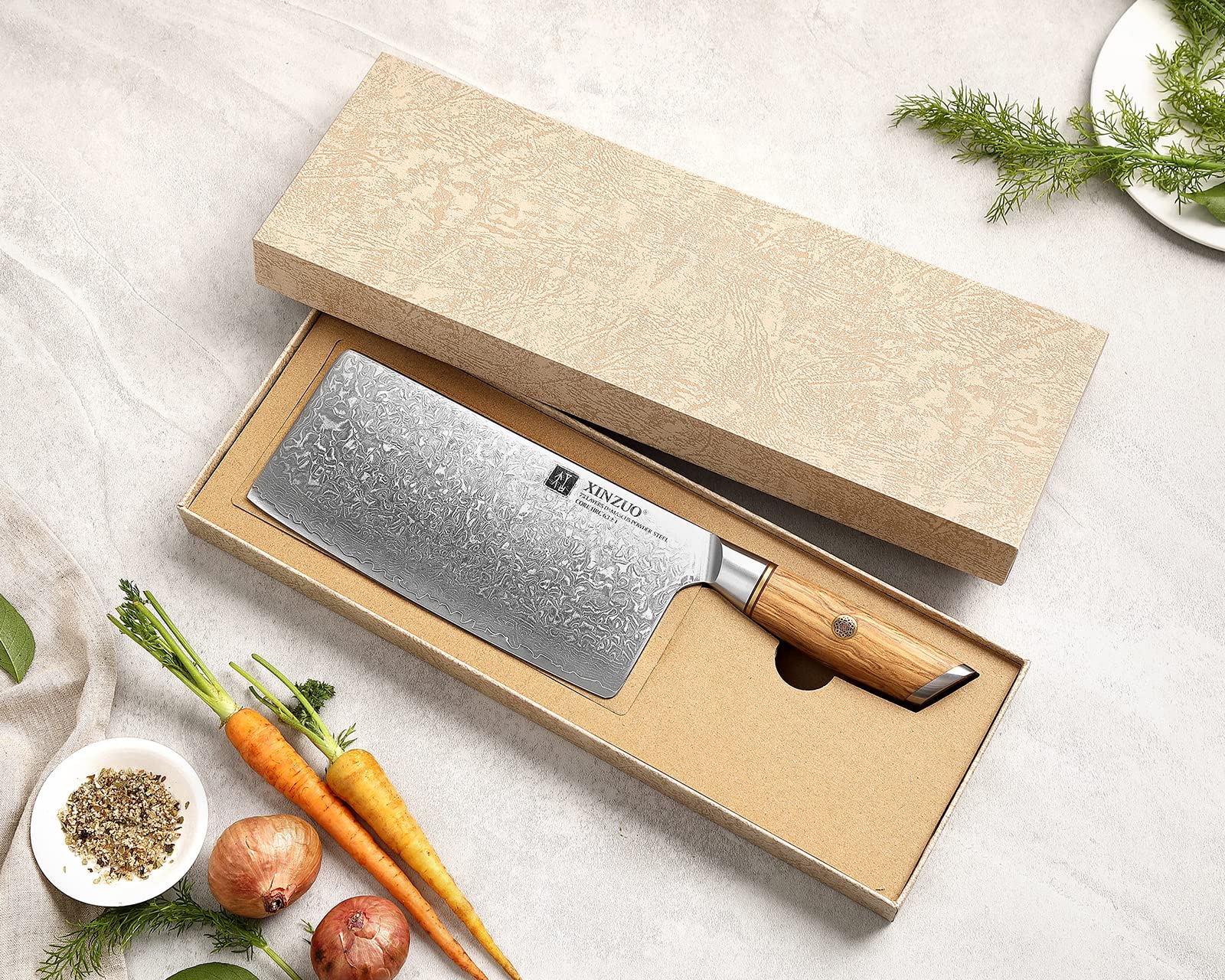 XINZUO 7.5 Inch Damascus Steel Chinese Chef Knife - 73 Layer High Carbon Powder Steel Core, Multi-Purpose Kitchen Cleaver for Meat & Vegetable Cutting with Olive Wood Handle - Perfect for Home Cooking, Professional Kitchens & BBQ Preparation