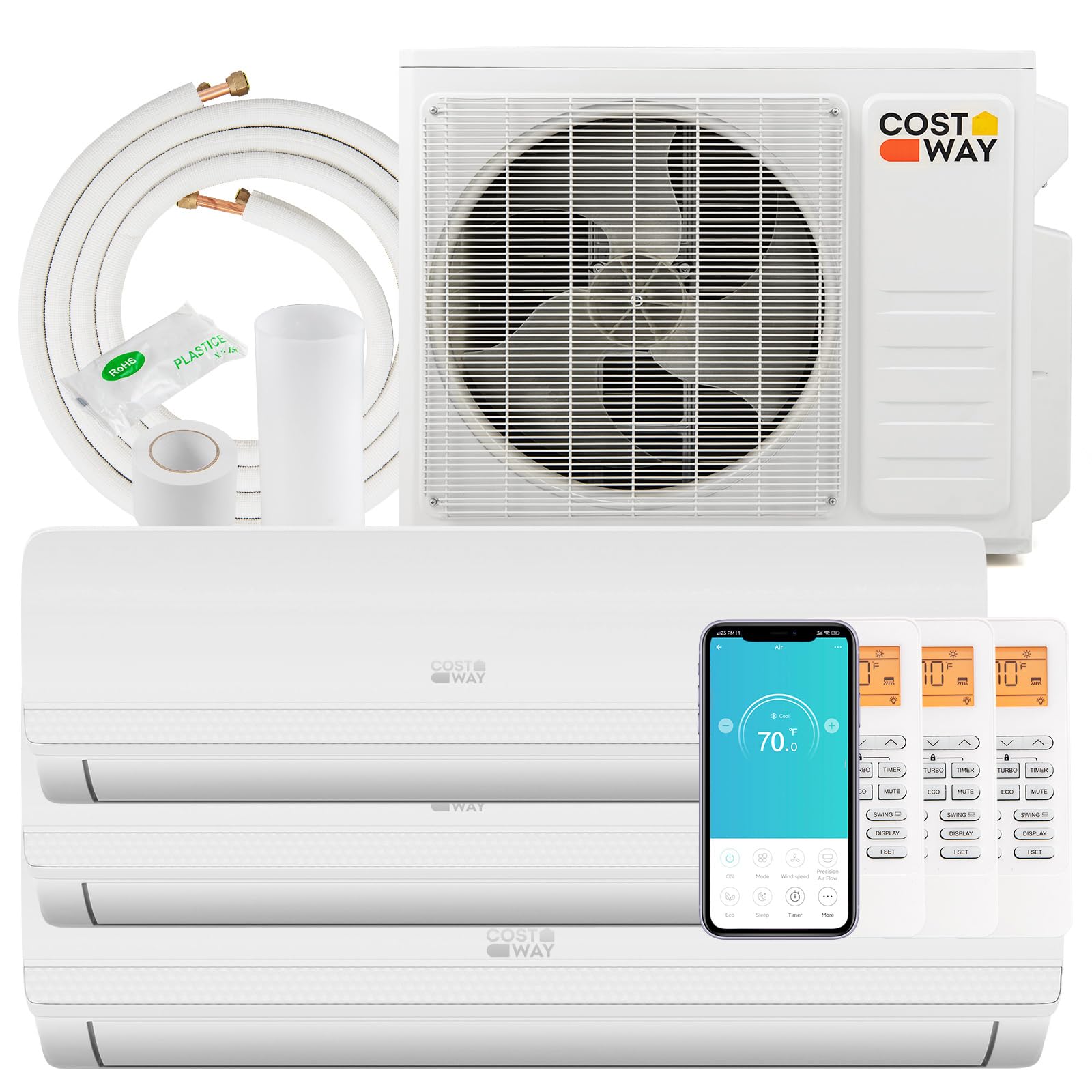 COSTWAY 27k BTU Tri-Zone Mini Split Air Conditioner with WiFi | 19 SEER2 12000 BTU x 3 | Ductless Wall Mounted Inverter AC (Thundrive Series) for Home, Office & Commercial Cooling