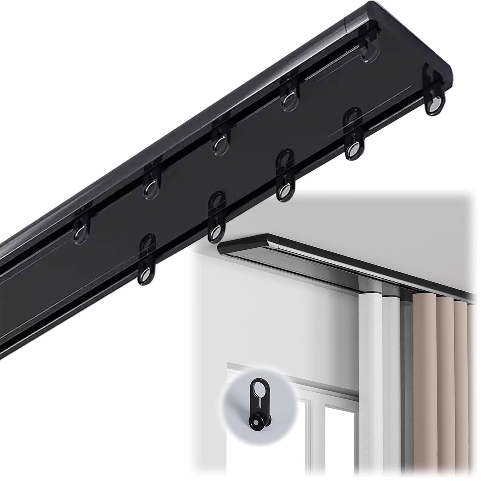 Double Row Silent Heavy Duty Ceiling Curtain Track Rail - 12ft Aluminum Black for Living Room, Bedroom, Hospital | Easy Install Room Divider for Home & Office Spaces