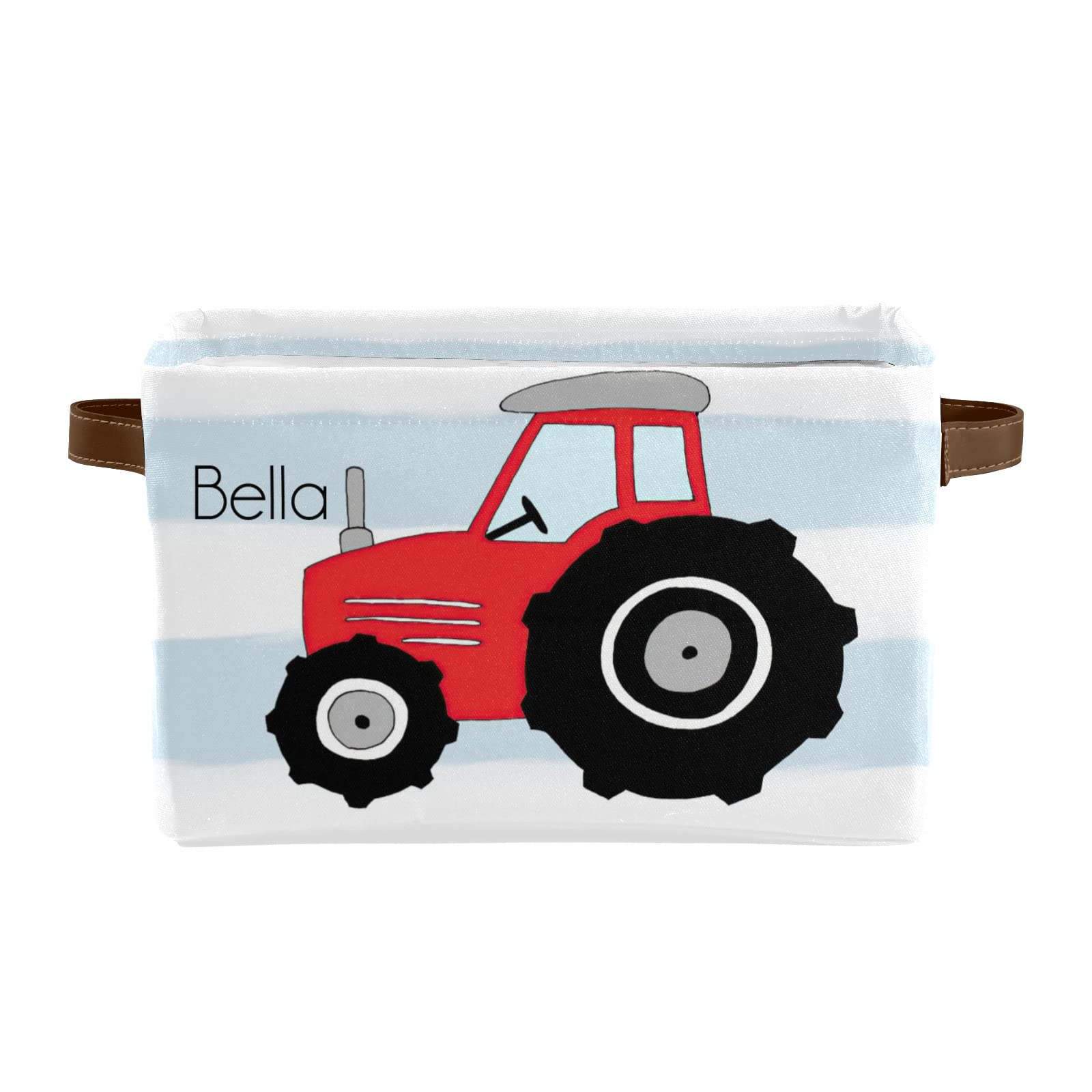 Personalized Red Tractor Stripes Canvas Storage Bins with Custom Name & Leather Handles - 2 Pack for Office, Bathroom, Nursery, Closet Organization | Perfect for Toys, Books & Home Decor Storage