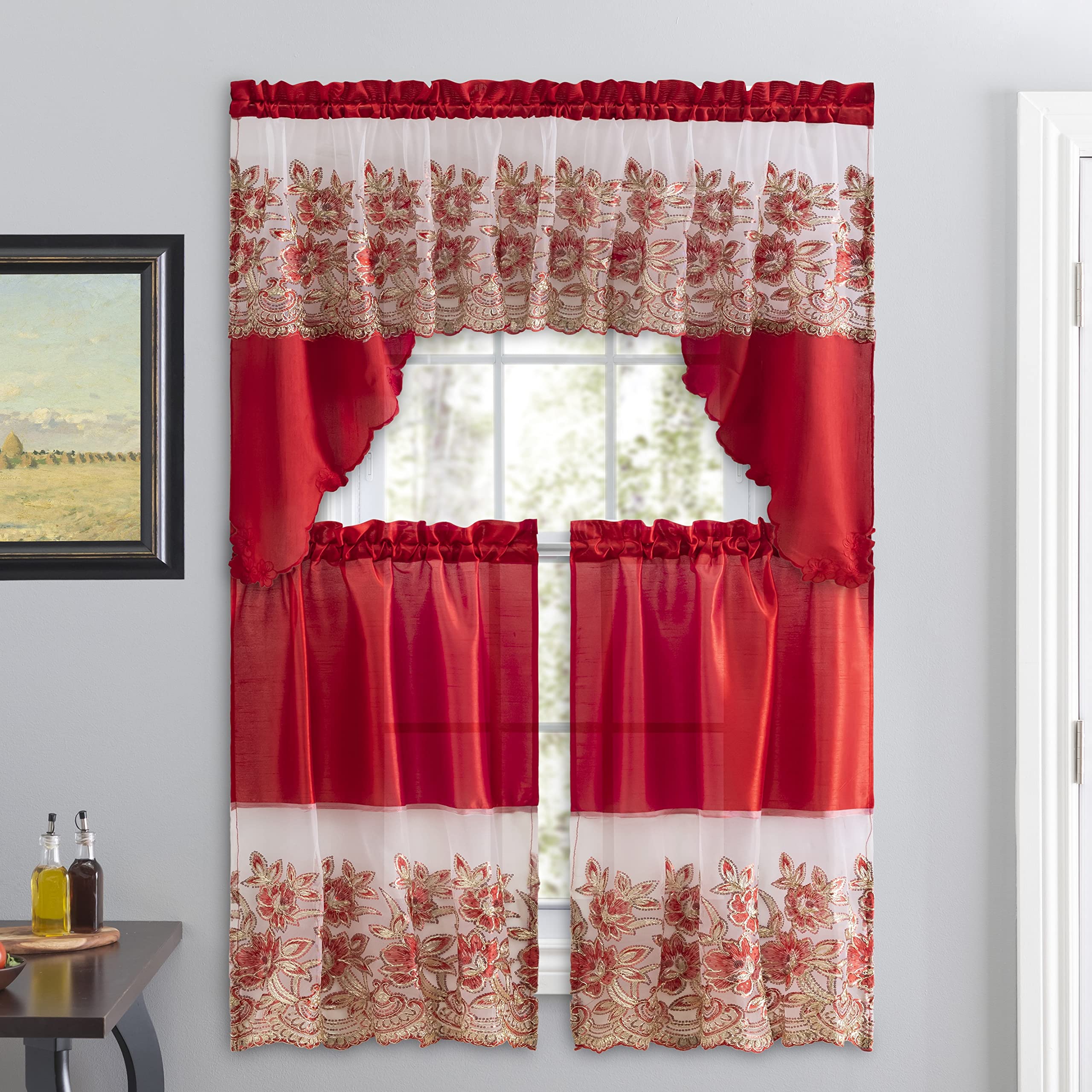 American Linen 3-Piece Embroidered Window Curtain Set with Valance & Tiers - Red Kitchen, Living Room & Bathroom Curtains for Home Decor | Elegant Embroidery for Bedroom, Dining Room & Office