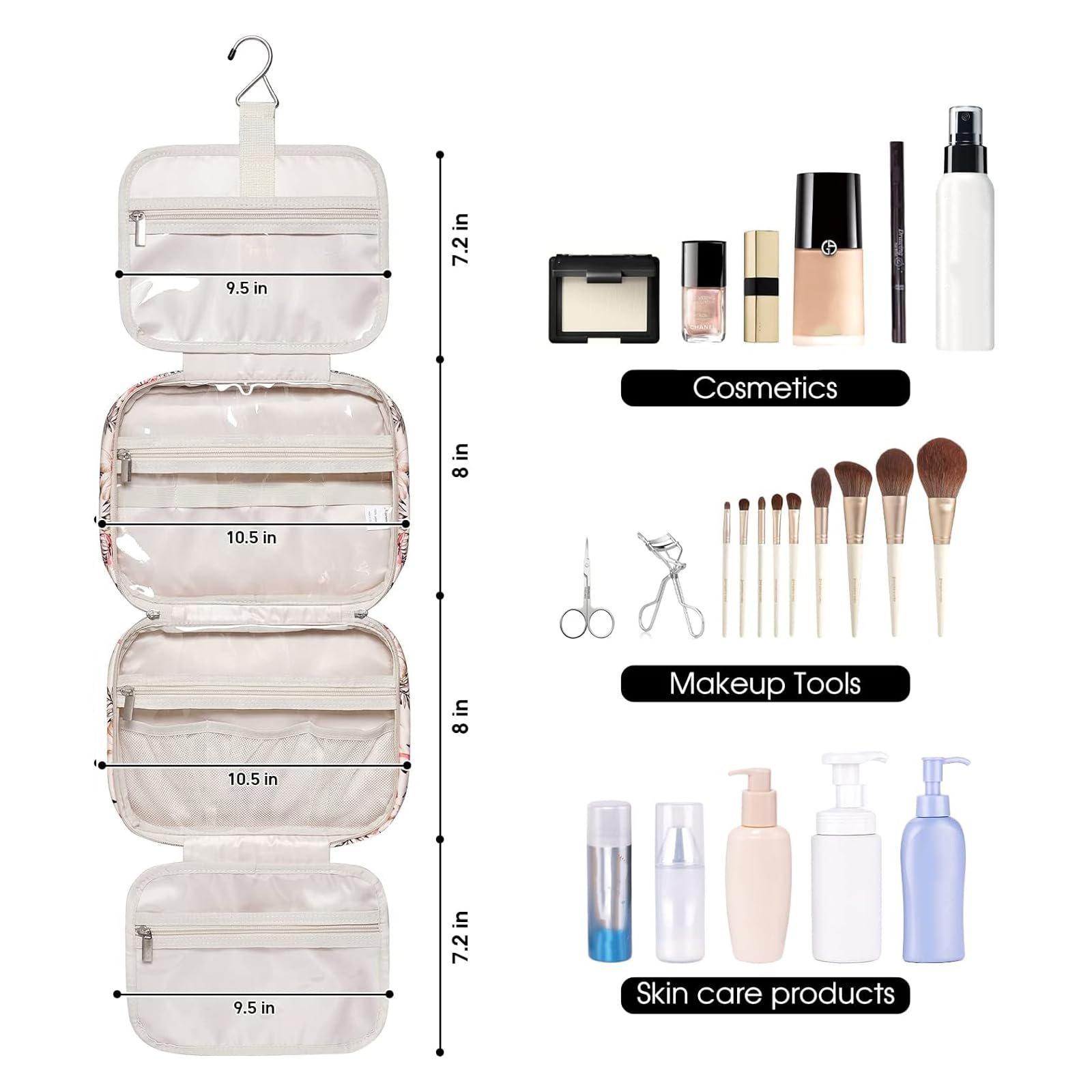 Narwey Hanging Toiletry Bag for Women - Travel Makeup Organizer with Multiple Pockets, Waterproof Cosmetic Bag for Toiletries & Travel Essentials (Beige Bird, Medium Size) - Perfect for Vacation, Gym, Camping & Business Trips