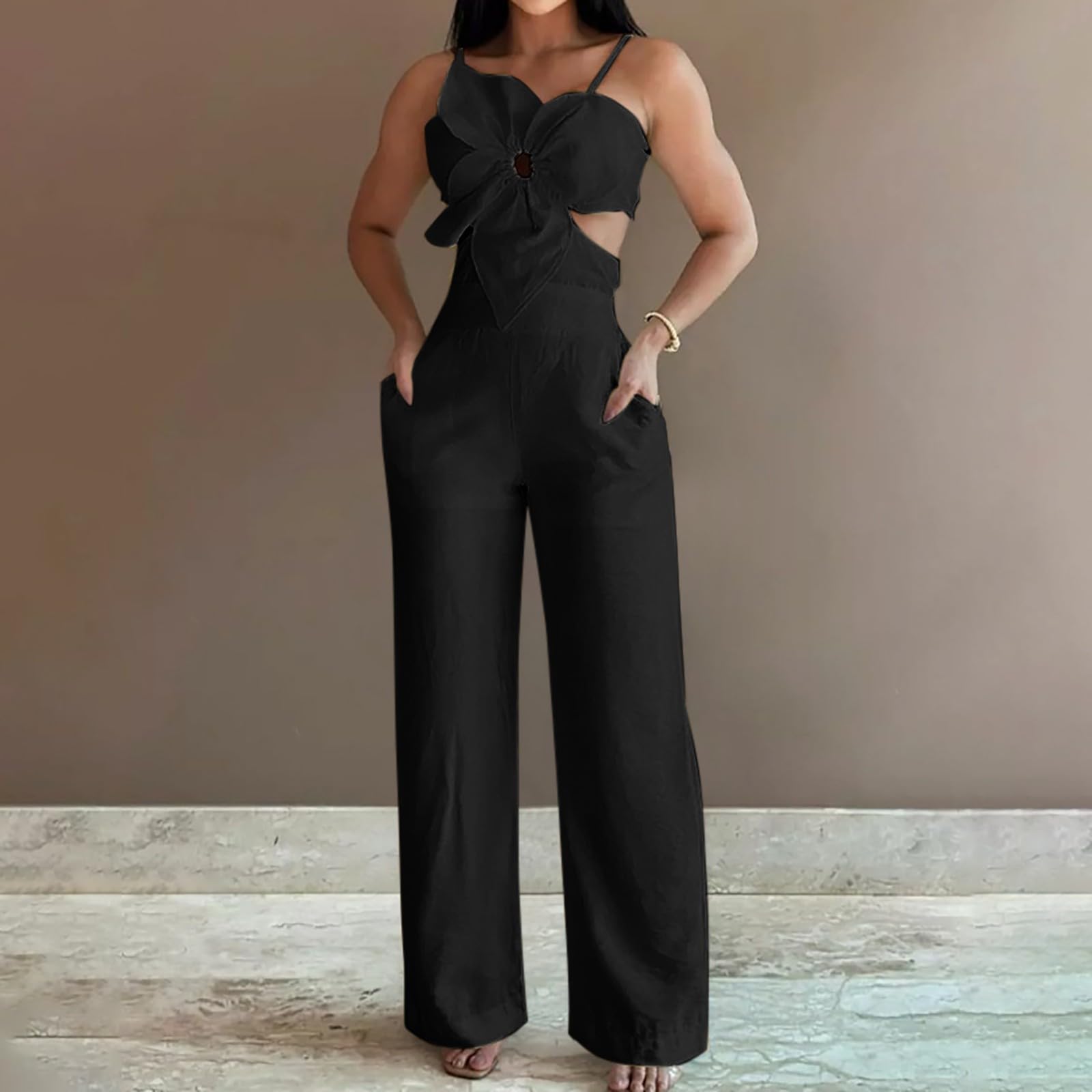 Plus Size Women's Black Long Sleeve Bell Bottom Jumpsuit - Casual Summer Bodysuit Romper for Everyday Wear, Date Night & Office Outfits