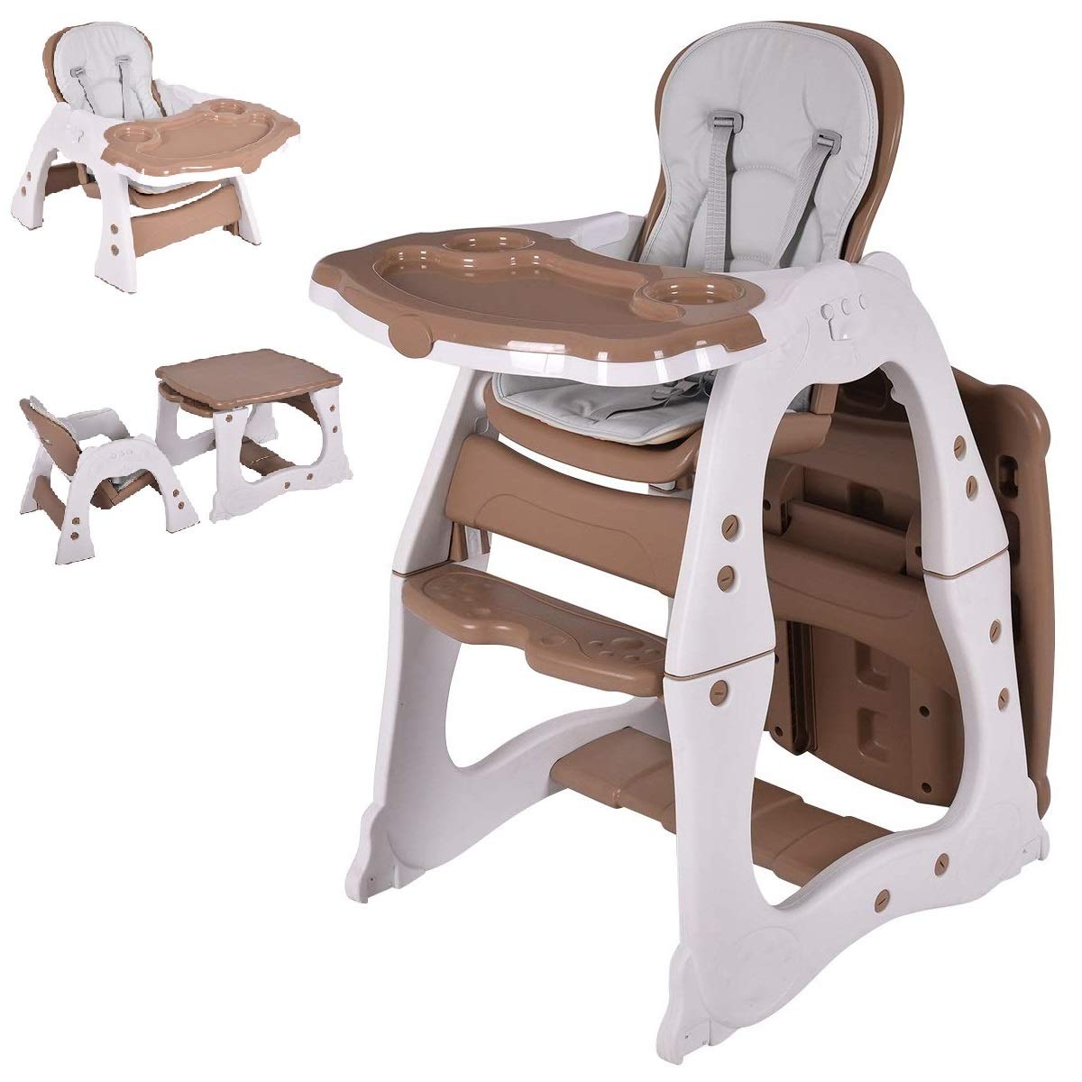 Costzon 3-in-1 Convertible Baby High Chair & Booster Seat with Adjustable Feeding Tray - Adjustable Height & Reclining Back - 5-Point Safety Harness - Perfect for Infants & Toddlers at Home or Restaurant (Brown)