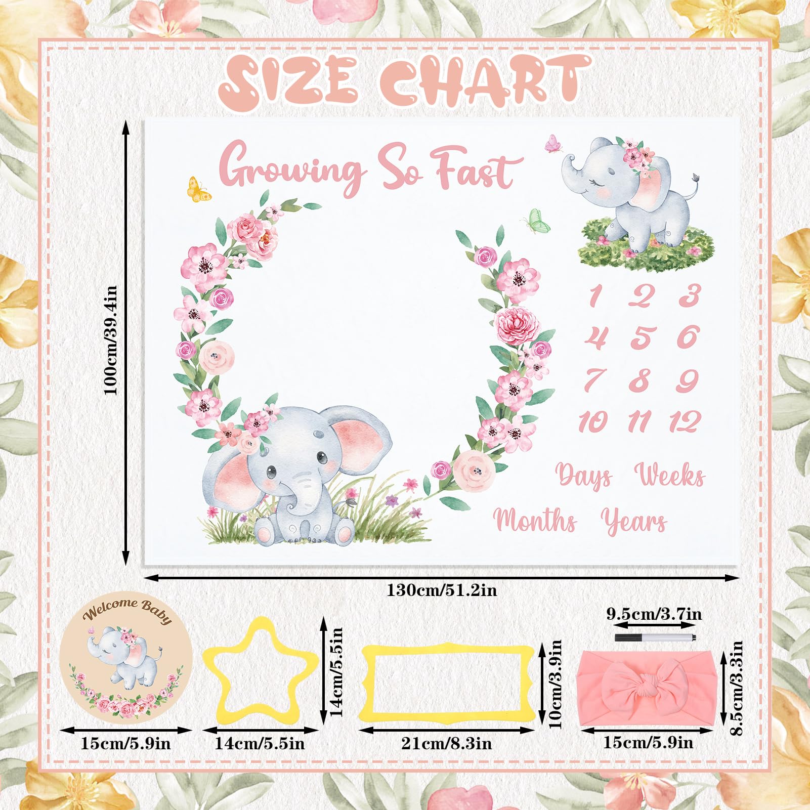 6TXD Baby Milestone Blanket - Soft Fleece Newborn Photography Blanket for Girls & Boys - 50x39 Inches with Wooden Signs, Frames & Bow Headband - Perfect for Monthly Photo Shoots, First Birthday & Nursery Decor