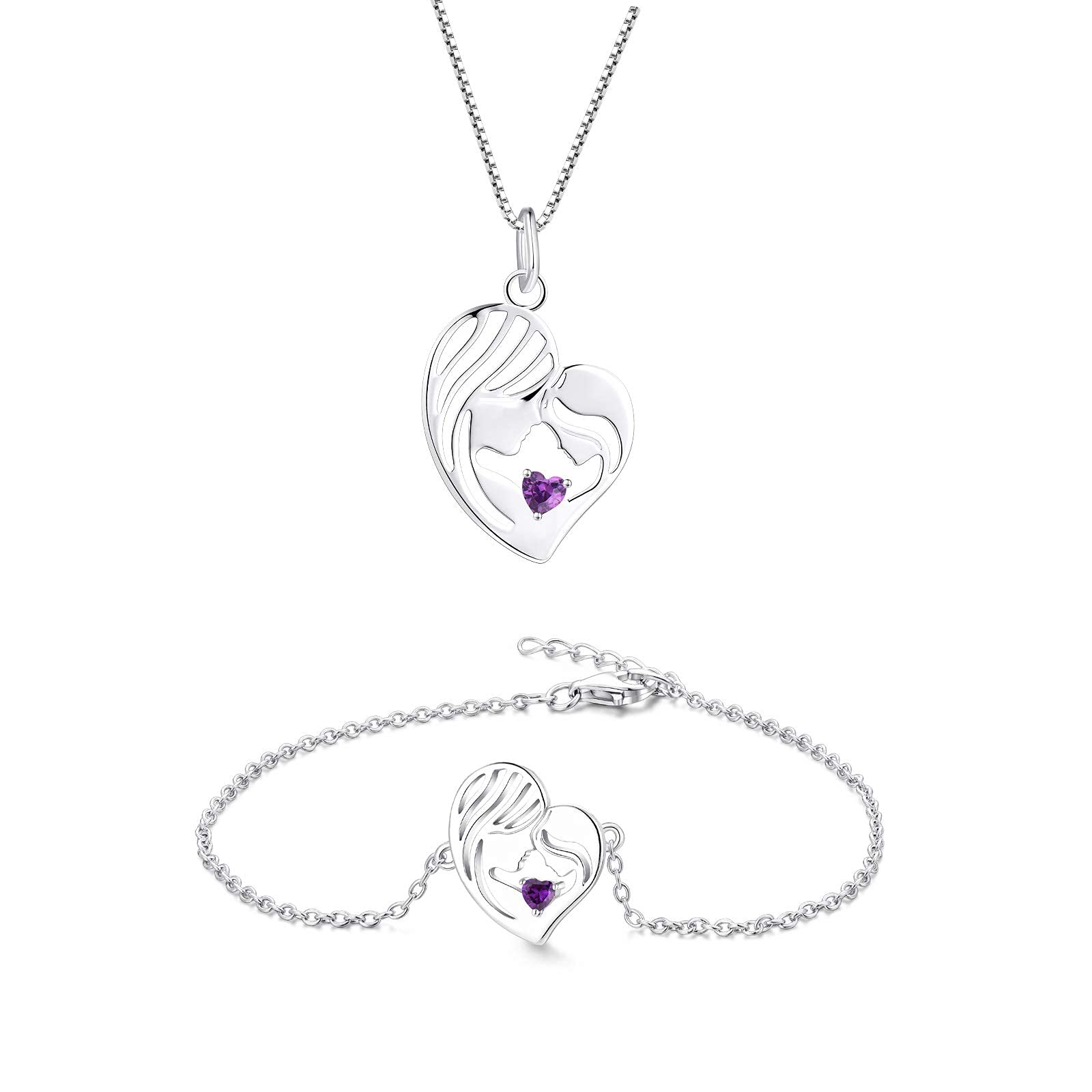 YL Mother and Daughter Necklace - 925 Sterling Silver Heart Pendant with Created Amethyst | Matching Bracelet Set | Thoughtful Gift for Mom, Birthday, Mother's Day | Perfect for Mother-Daughter Bonding Moments