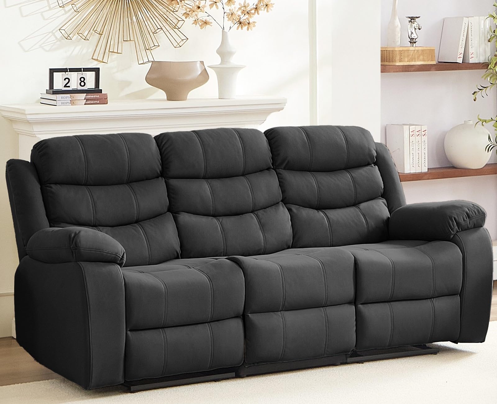 Mjkone 3-Seater Recliner Sofa with Adjustable Backrest & Drop Down Table - Modern Convertible Living Room Couch with Dual Cup Holders for Home Theater - Dark Grey - Perfect for Movie Nights & Family Relaxation