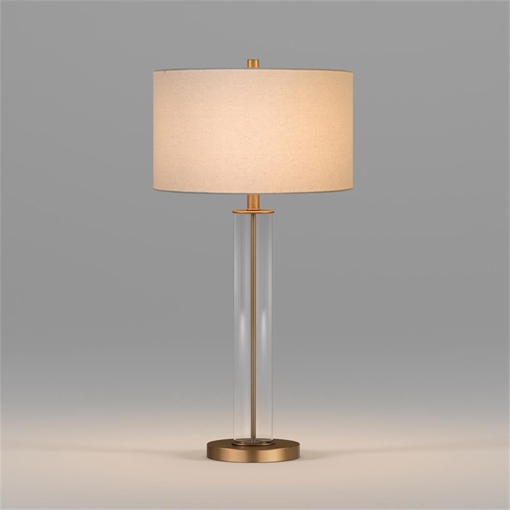 Elegant Clear Glass Table Lamp with Brass Accents & Linen Shade - Modern Home Office Bedroom Nightstand Lighting Decor for Living Room, Study, or Dorm