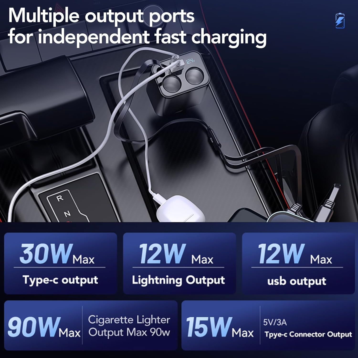 4-in-1 Fast Car Phone Charger with 159W Power & Retractable Cables - Compatible with iPhone 14 Pro Max/14 Pro/14 Plus/13 Pro Max & AirPods (1/2/3/4) - Includes 2-Port Cigarette Lighter Splitter - Perfect for Road Trips, Commuting & Long Drives