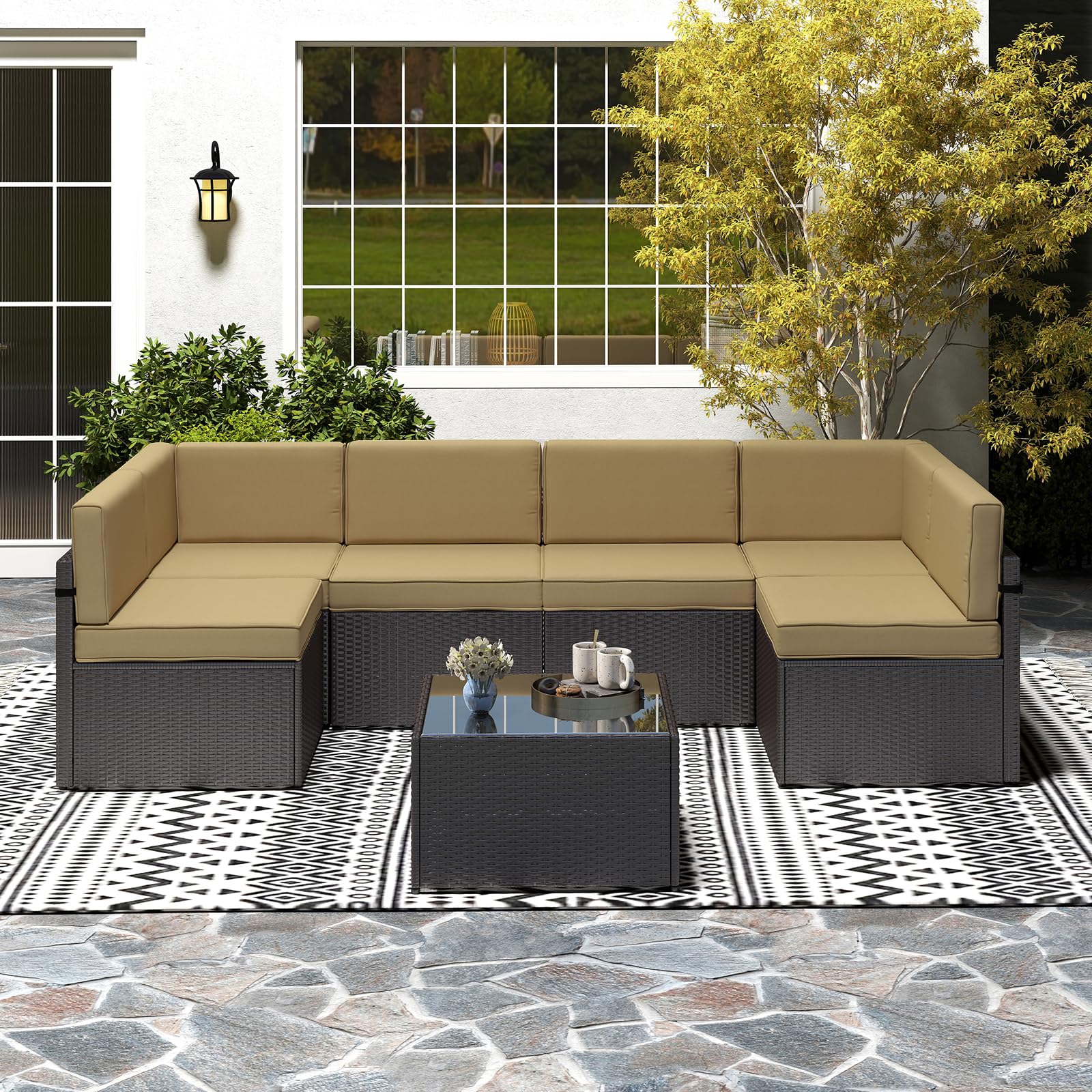 Premium Outdoor Patio Furniture Set - 7-Piece PE Rattan Wicker Sectional Sofa with Glass Coffee Table & Cushions for Porch, Balcony, Garden, Poolside (Khaki) | Perfect for Relaxing, Entertaining & Outdoor Living Spaces
