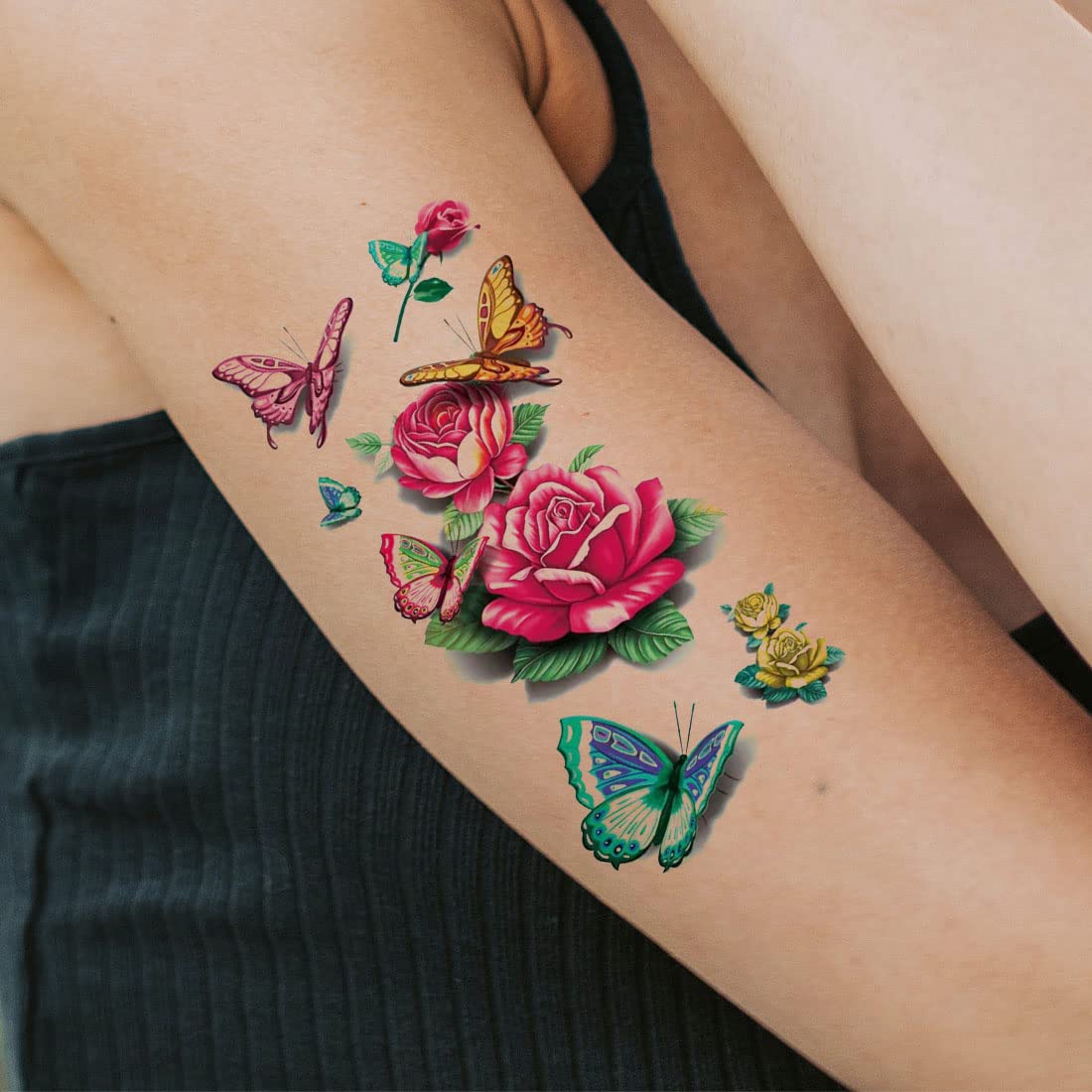 Rose Flower with Butterfly Temporary Tattoo for Men & Women - Waterproof Fake Body Art for Parties, Weddings & Festivals
